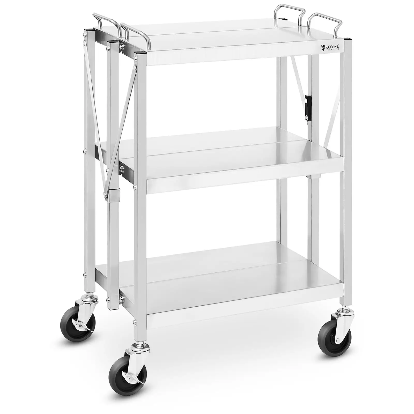 Chariot de service pliable - Acier inoxydable - 3 plateaux - 90 kg - 40 x 58 cm