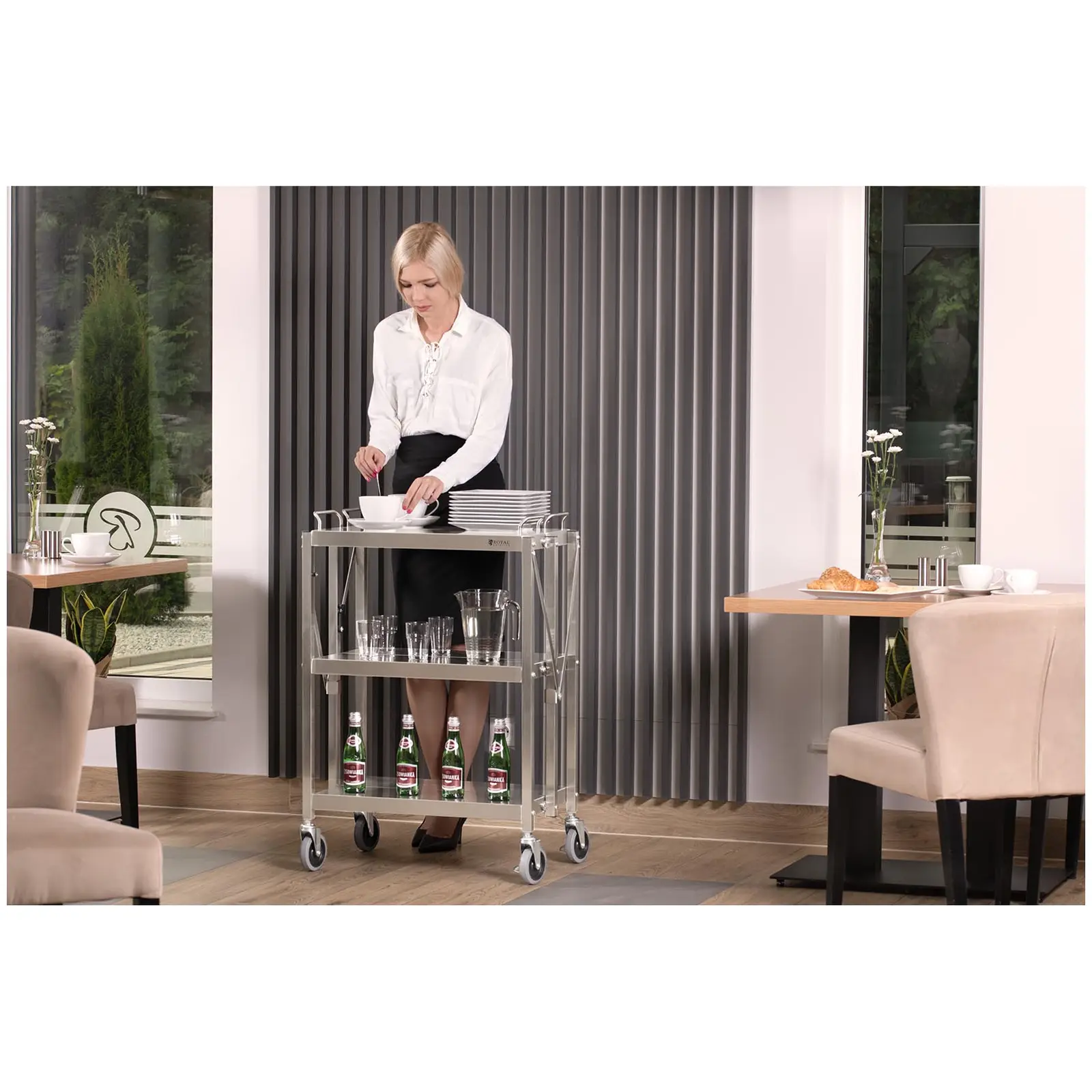 Chariot de service pliable - Acier inoxydable - 3 plateaux - 90 kg - 40 x 58 cm