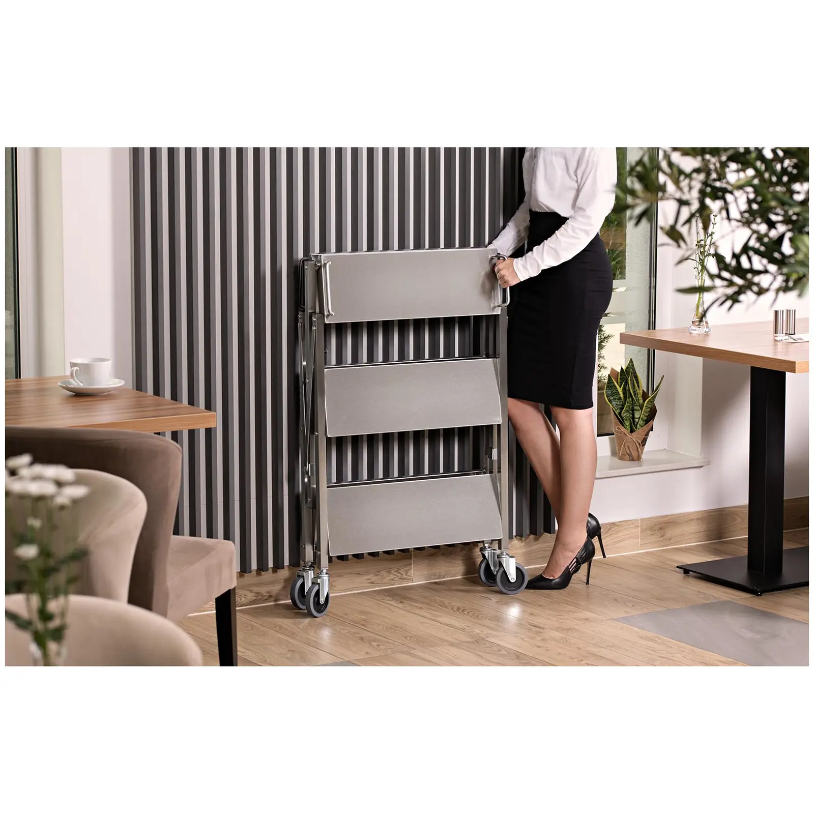 Servírovací vozík - ušlechtilá ocel - 3 police - 90 kg - 40 x 58 cm - skládací (Průměr koleček: 100 mm)