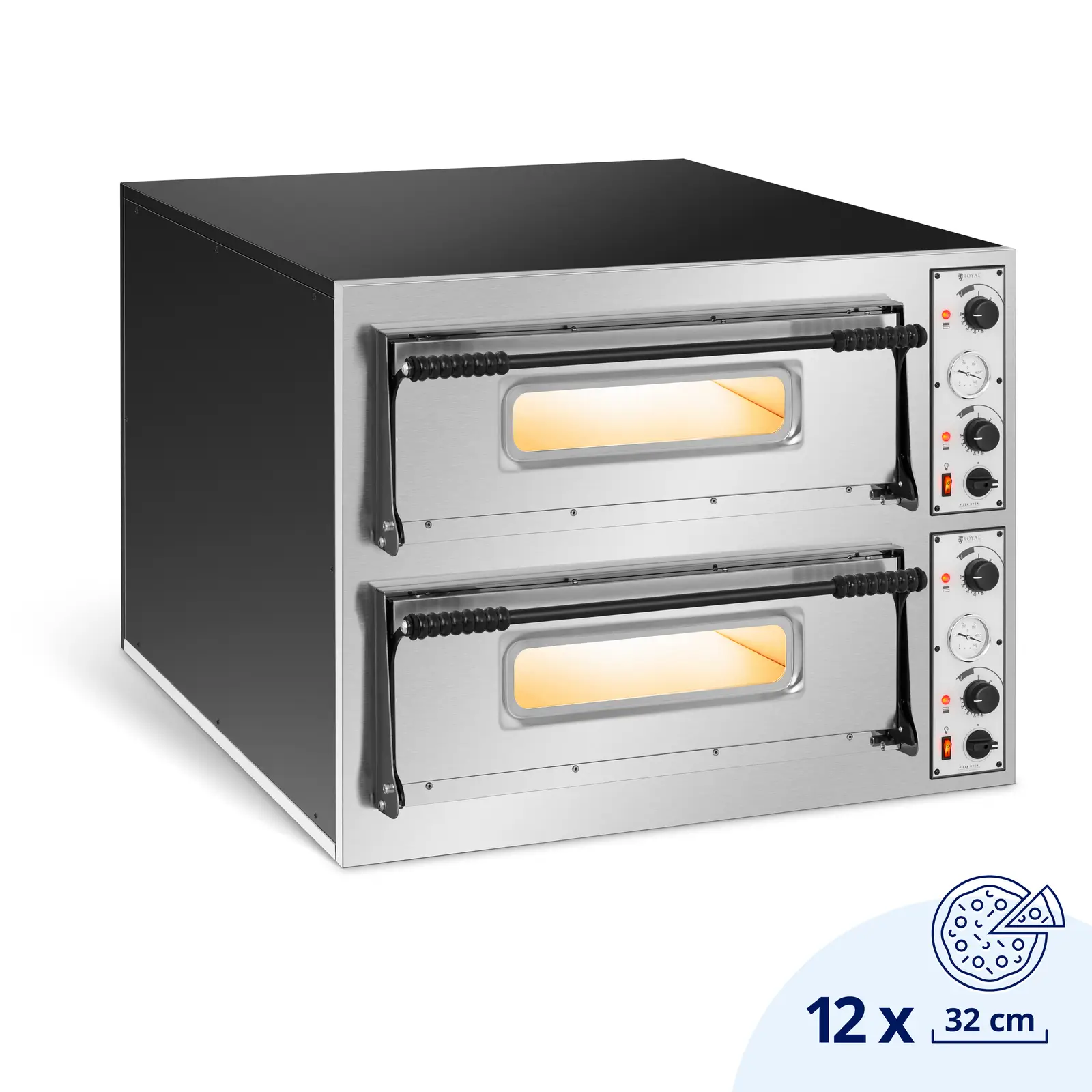 Elektro-Pizzaofen - 6+6 x 32 cm - 2 Kammern - 14 400 W - 230 V - manuell - Royal Catering