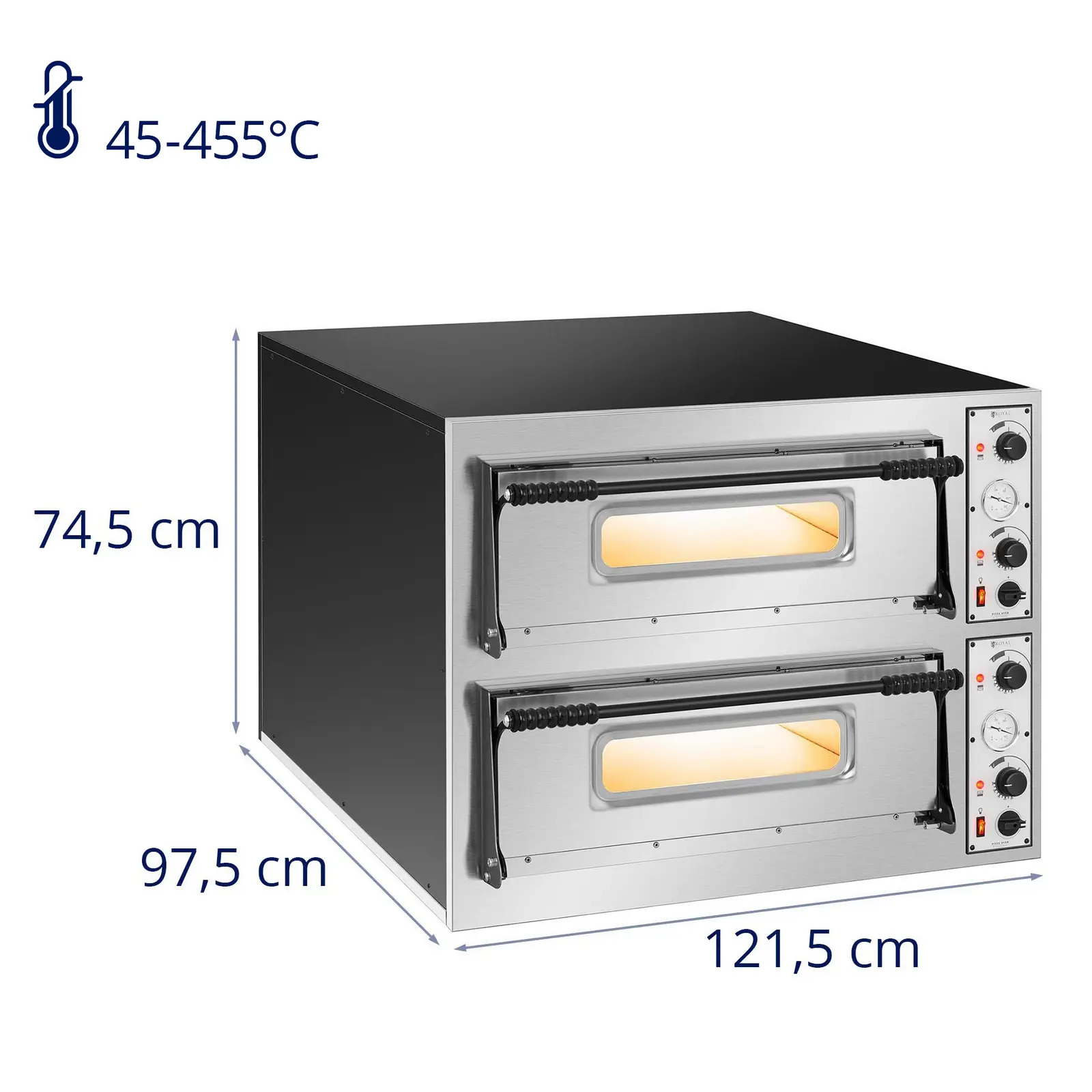Elektrická pec na pizzu - 6+6 x 32 cm - 2 komory - 14 400 W - 230 V - manuální - Royal Catering (Hmotnost: 181 kg)