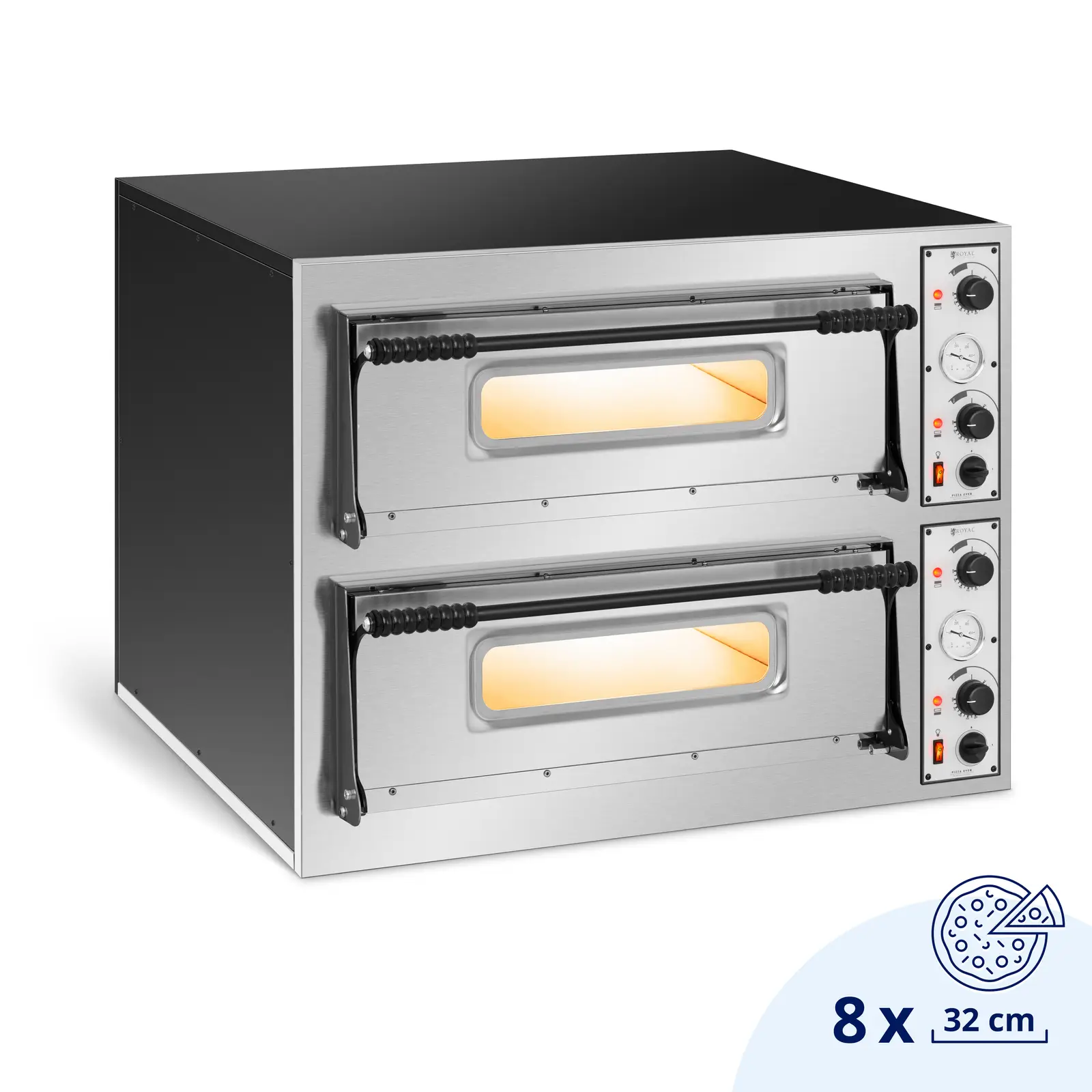 Elektro-Pizzaofen - 1+1 x 32 cm - 2 Kammern - 9400 W - 400 V - manuell - Royal Catering