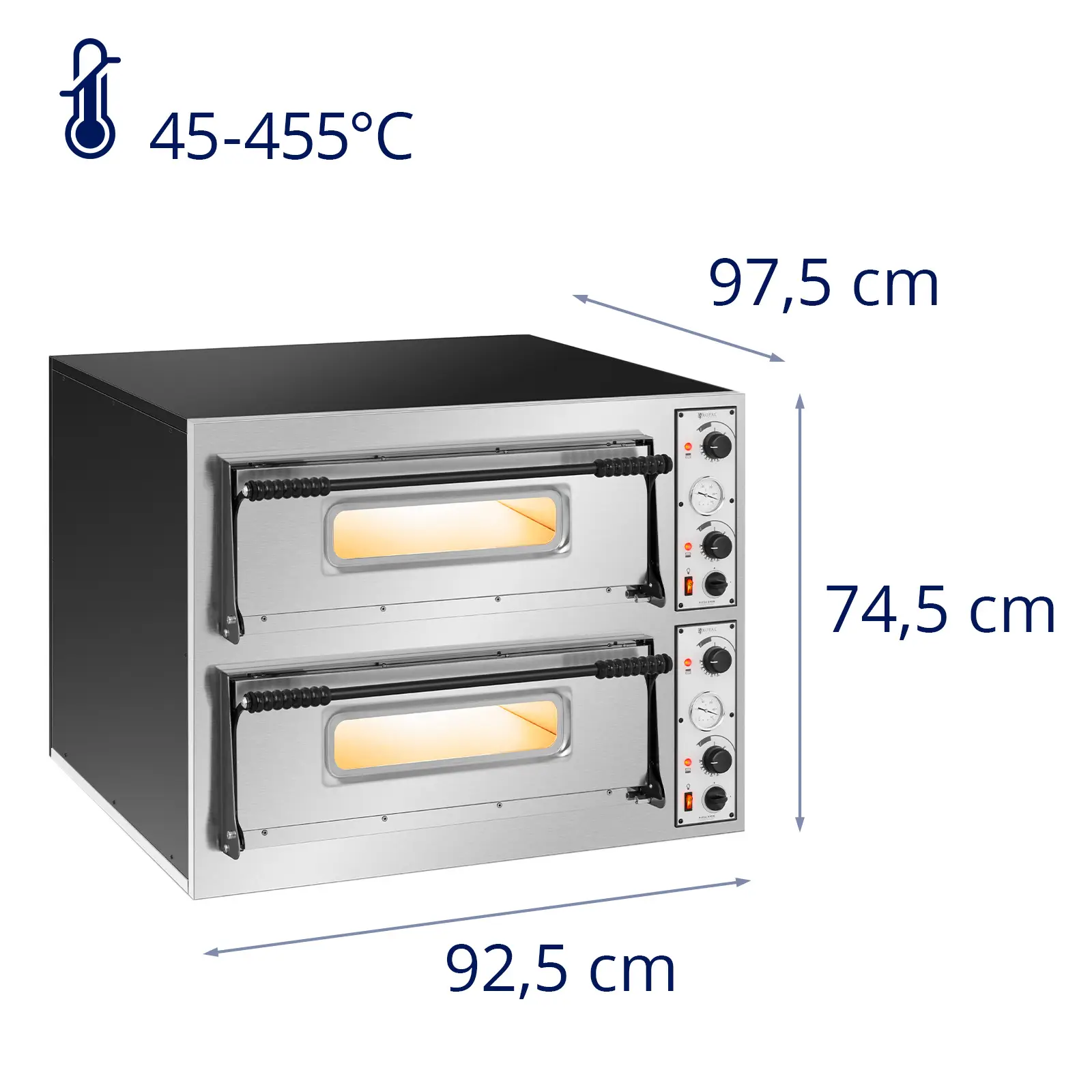 Elektrická pec na pizzu - 1+1 x 32 cm - 2 komory - 9400 W - 400 V - manuální - Royal Catering (Výkon [W]: 9400)
