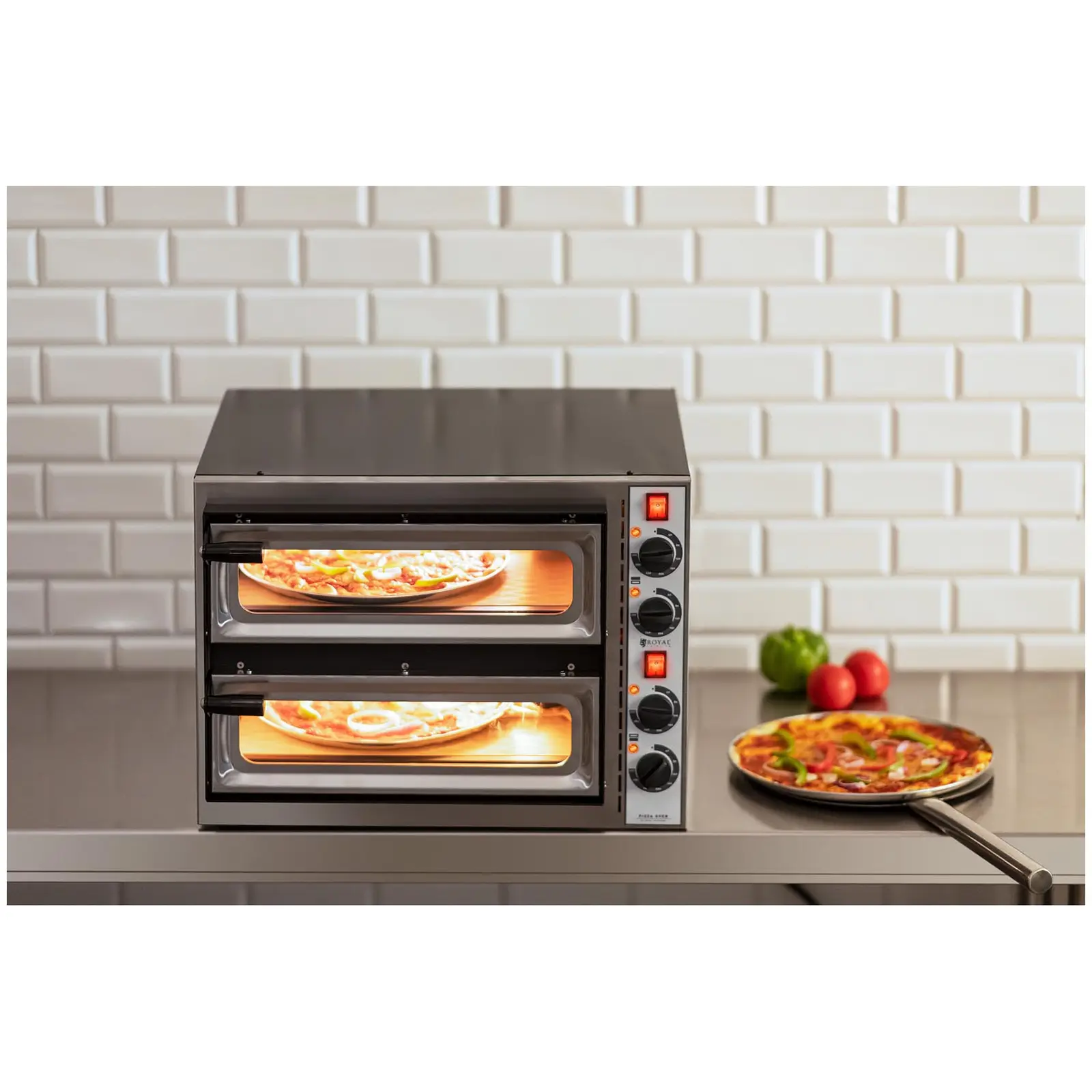 Elektro-Pizzaofen - 1+1 x 32 cm - 2 Kammern - 3200 W - 400 V - manuell - Royal Catering