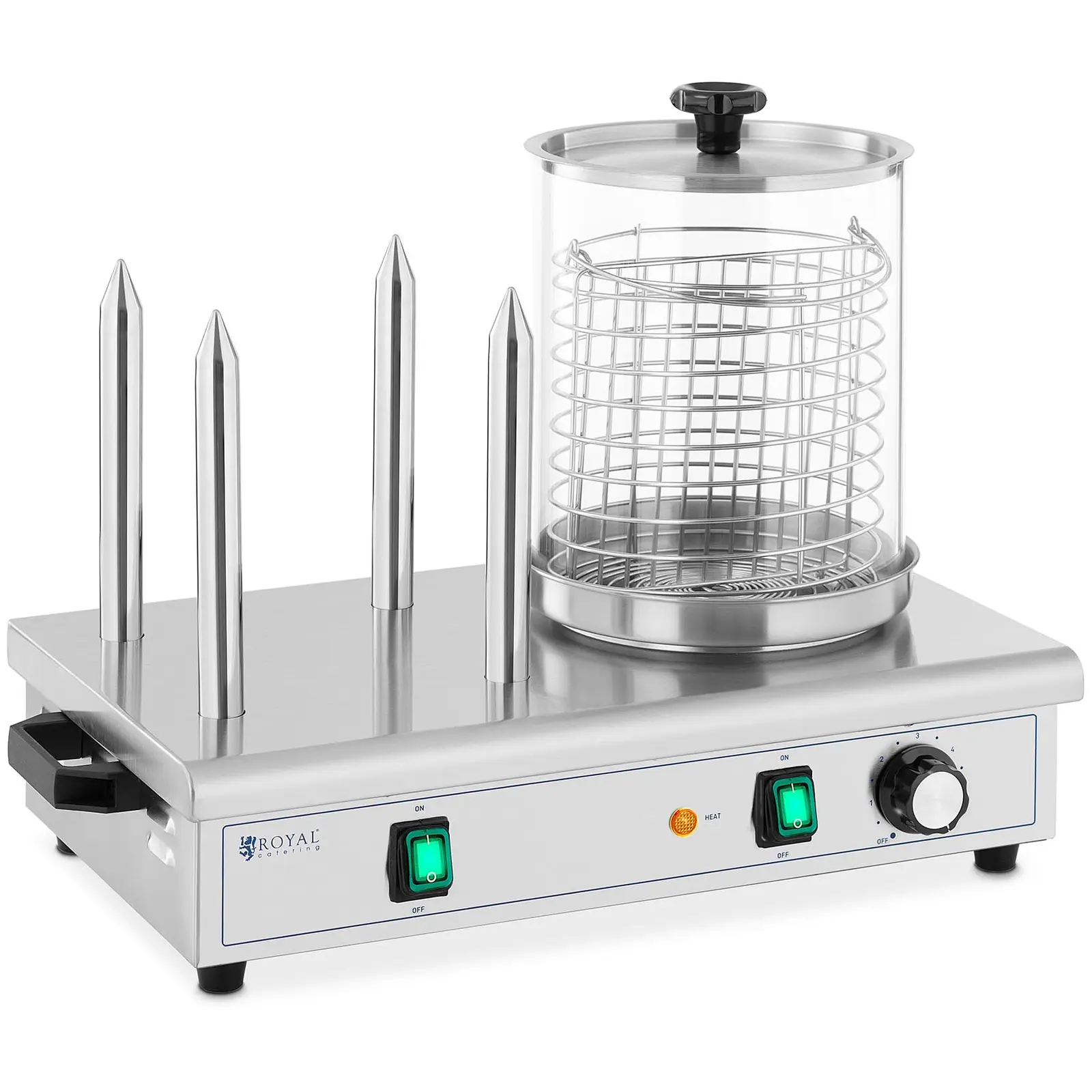 Aparat cu aburi Hot Dog - 650 W - Royal Catering - 4 țepușe de prăjire