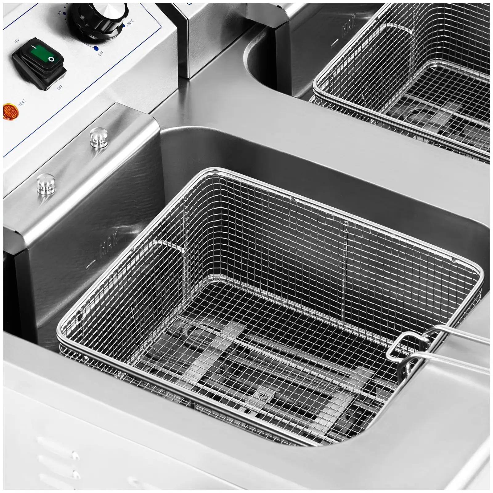 Elektrická dvojitá fritéza - 2 x 16 l - 10 000 W - 400 V - podstavná skříňka - vypouštěcí kohout - Royal Catering (Se skříní: Ano)