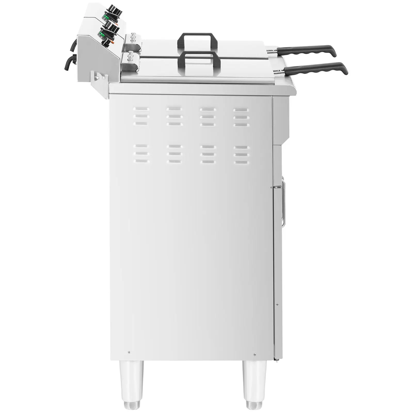 Elektrická dvojitá fritéza - 2 x 16 l - 10 000 W - 400 V - podstavná skříňka - vypouštěcí kohout - Royal Catering (Celkový objem: 32 l)