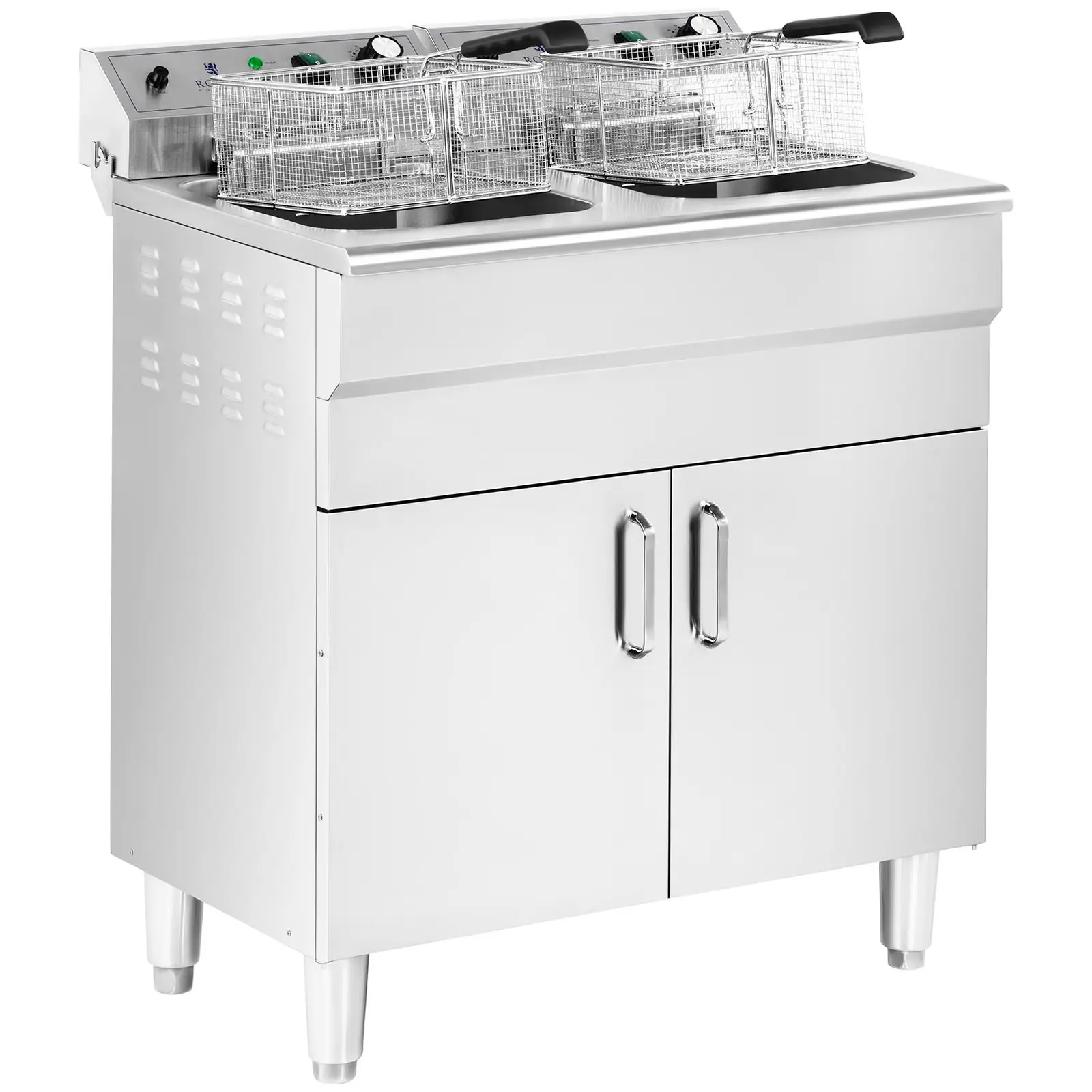 Elektrická dvojitá fritéza - 2 x 16 l - 10 000 W - 400 V - podstavná skříňka - vypouštěcí kohout - Royal Catering (Barva: Stříbrná)