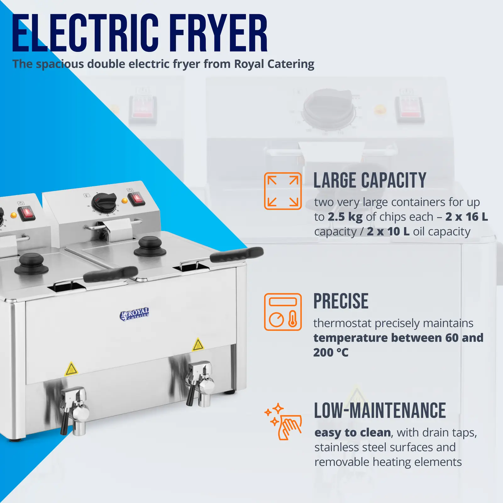 Elektrická fritéza - 2 x 16 l - Royal Catering - 230 V (Výpustný kohout: Ano)