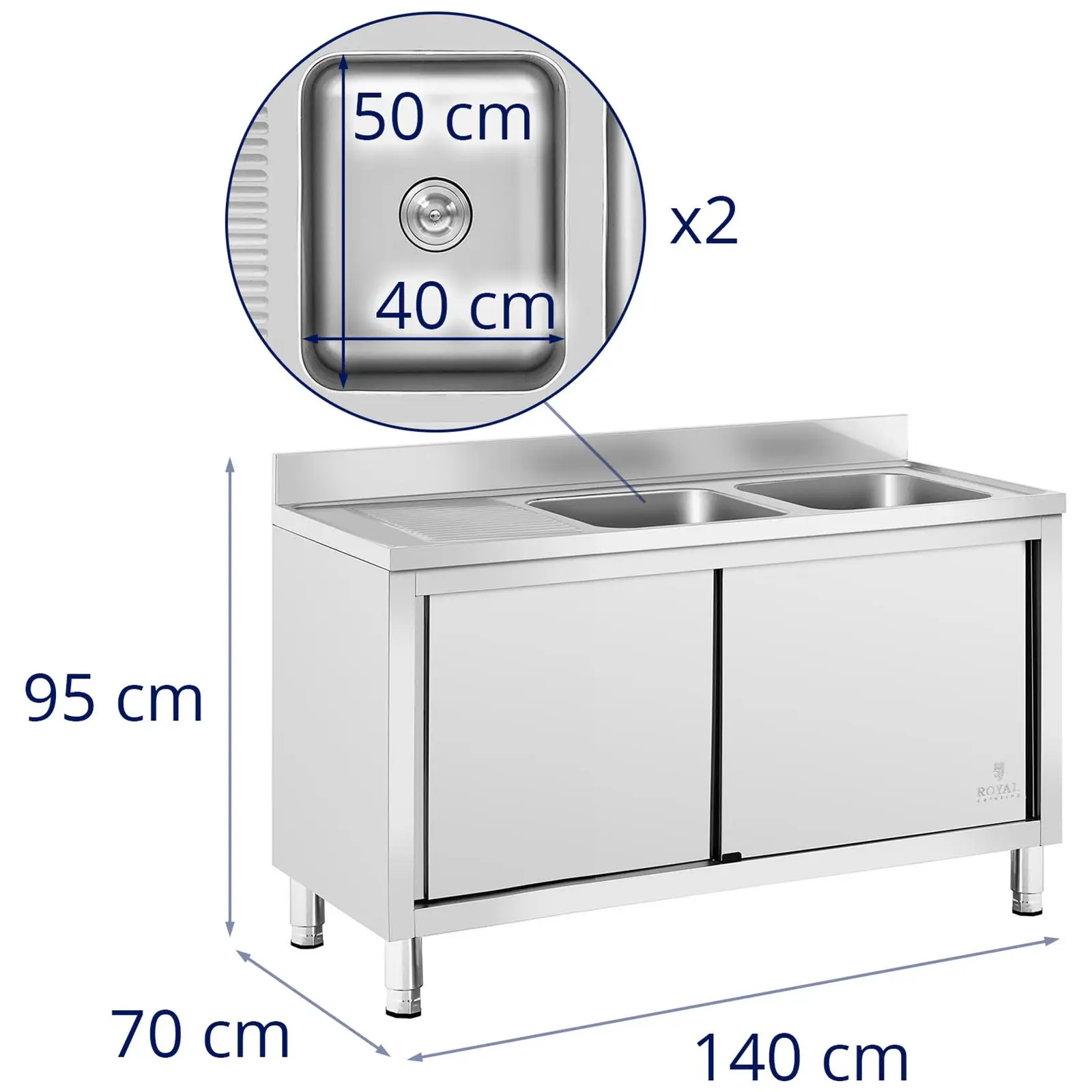 Mosogató szekrény - 2 medence - Royal Catering - rozsdamentes acél - 500 x 400 x 300 mm