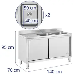 Lavello cucina - Acciaio inox - 2 vasche - Royal Catering - 500 x 400 x 300 mm