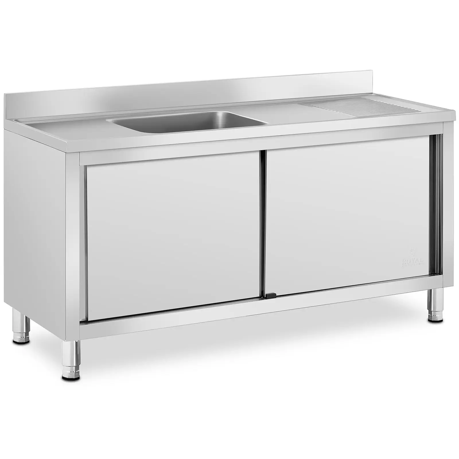 Plonge inox sur meuble - 1 bac - Royal Catering - Acier inoxydable - 160 x 60 cm
