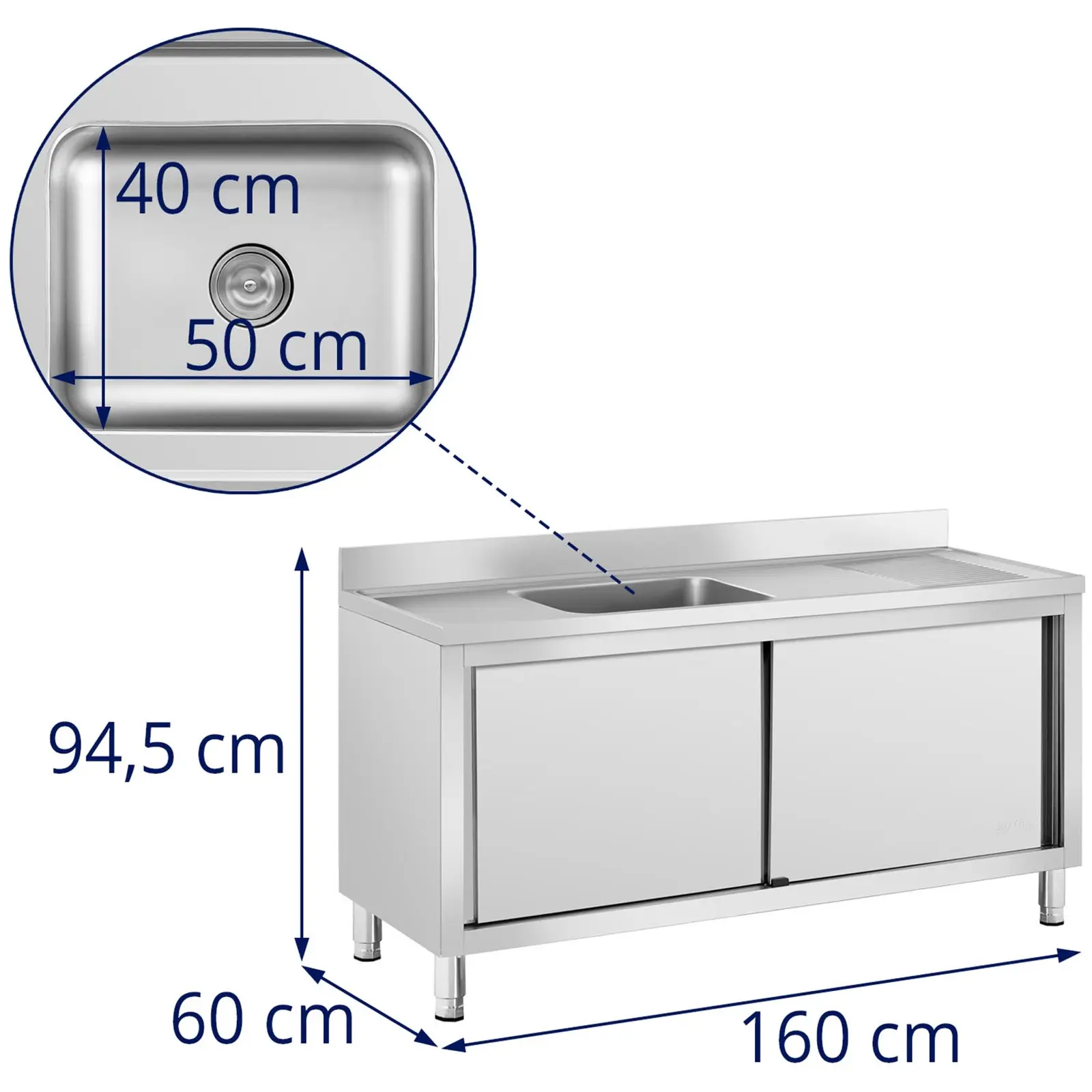 Oppvaskbenk - 1 kum - Royal Catering - Rustfritt stål - 500 x 400 x 240 mm