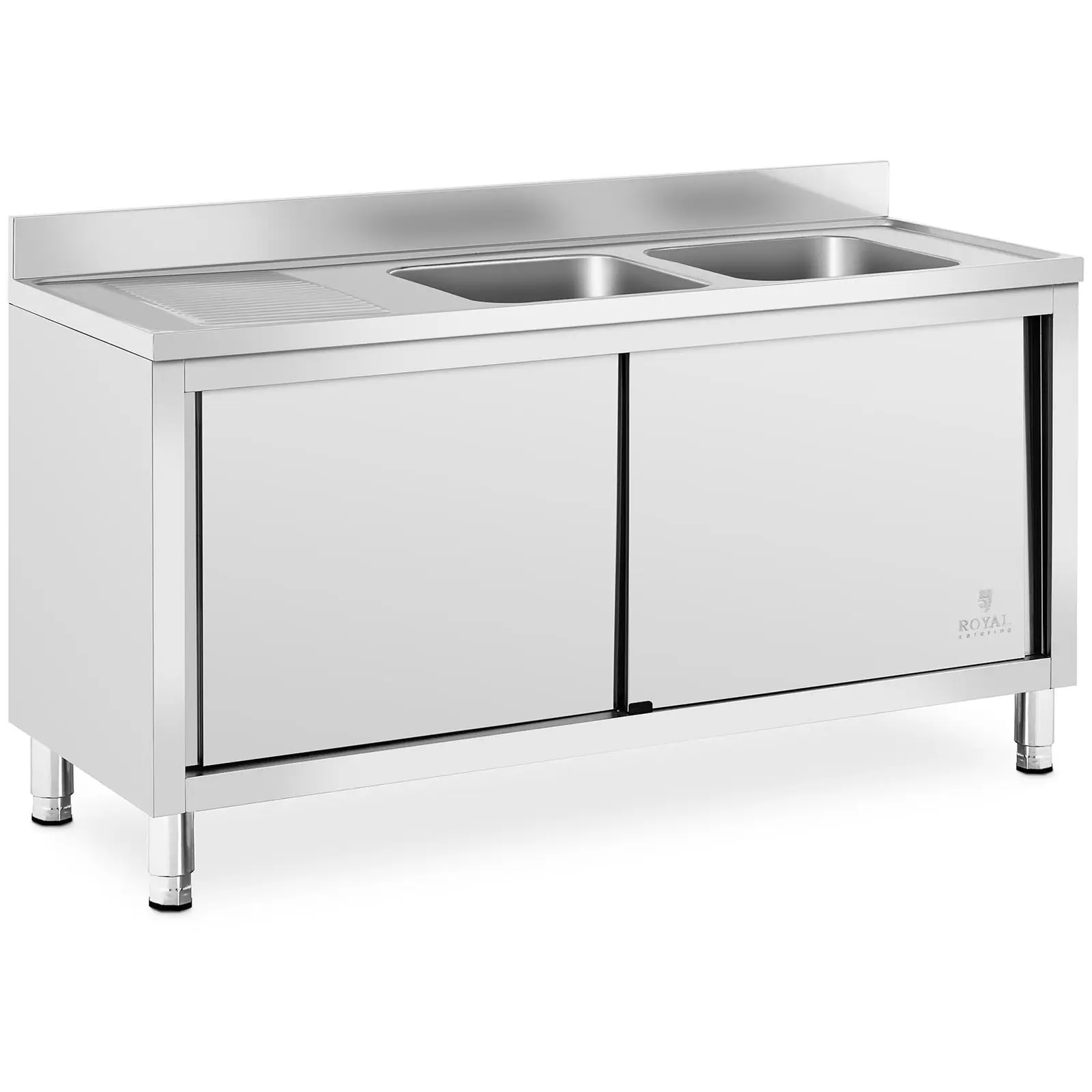 Chiuvetă de bucătărie comercială Silver Sink - 2 bazine - Royal Catering - Oțel inoxidabil - 160 x 60 cm - Imaginea produsului