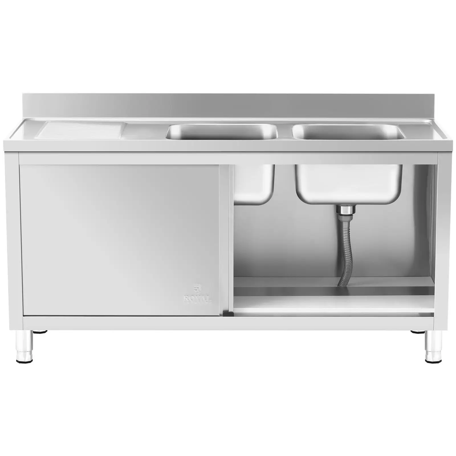 Dřezová skříň - 2 dřezy - Royal Catering - Ušlechtilá ocel - 400 x 400 x 250 mm (Barva: Stříbrná)