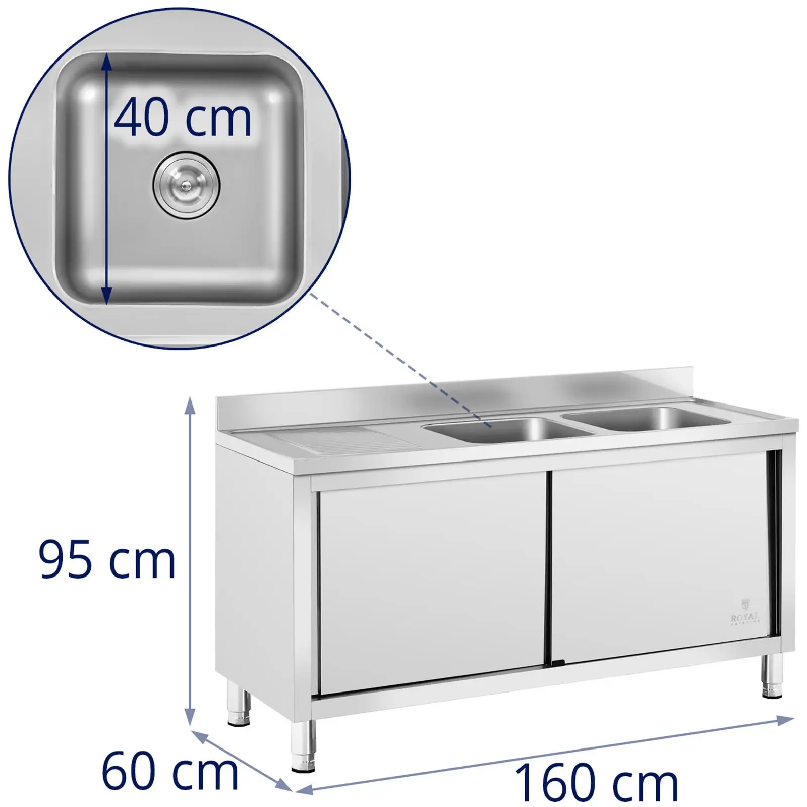 Chiuvetă de bucătărie comercială Silver Sink - 2 bazine - Royal Catering - Oțel inoxidabil - 400 x 400 x 250 mm