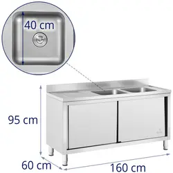 Lavello cucina - Acciaio inox - 2 vasche - Royal Catering - 400 x 400 x 250 mm