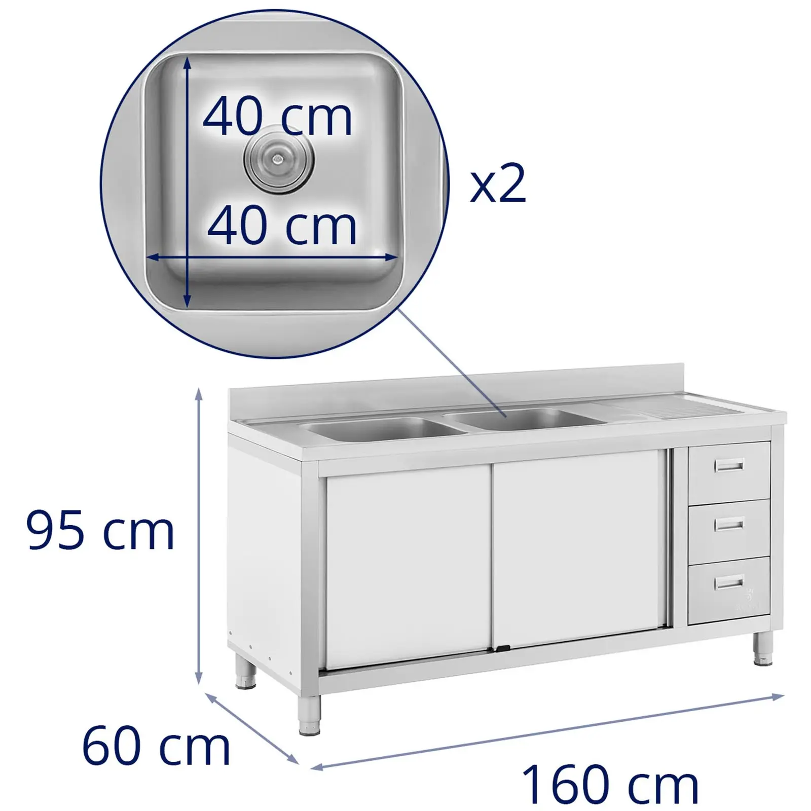 Dřezová skříň - 2 dřezy - Royal Catering - ušlechtilá ocel - 400 x 400 x 300 mm (Barva: Stříbrná)