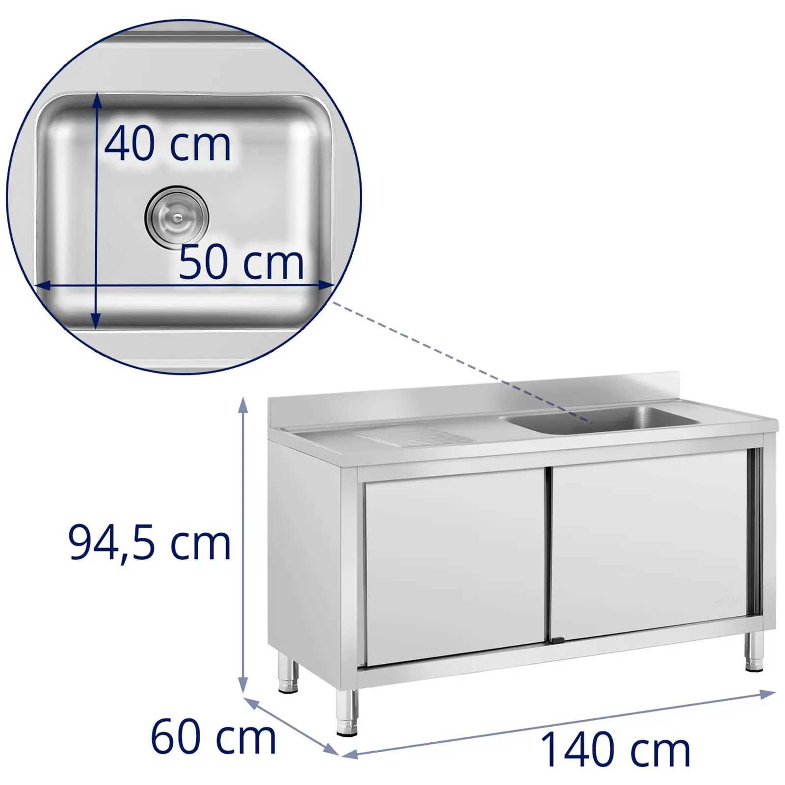 Commercial Kitchen Sink with Cabinet - 1 basin - Royal Catering - Stainless steel - 500 x 400 x 240 mm