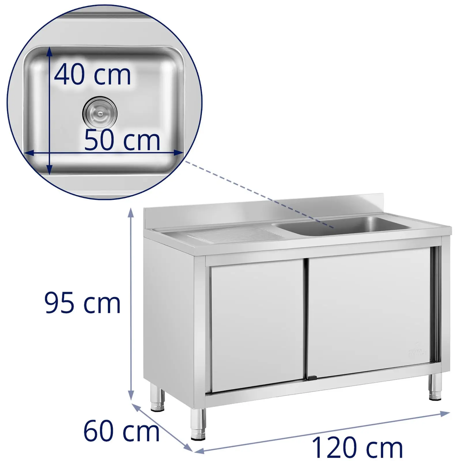 Plonge inox sur meuble - 1 bac - Royal Catering - Acier inoxydable - 500 x 400 x 260 mm (Nombre de bacs: 1)