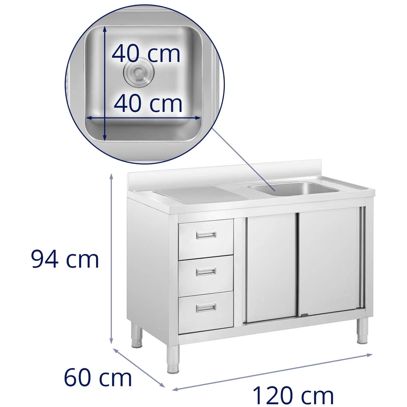 Dřezová skříň - 1 dřez - Royal Catering - Ušlechtilá ocel - 400 x 400 x 300 mm (Barva: Stříbrná)