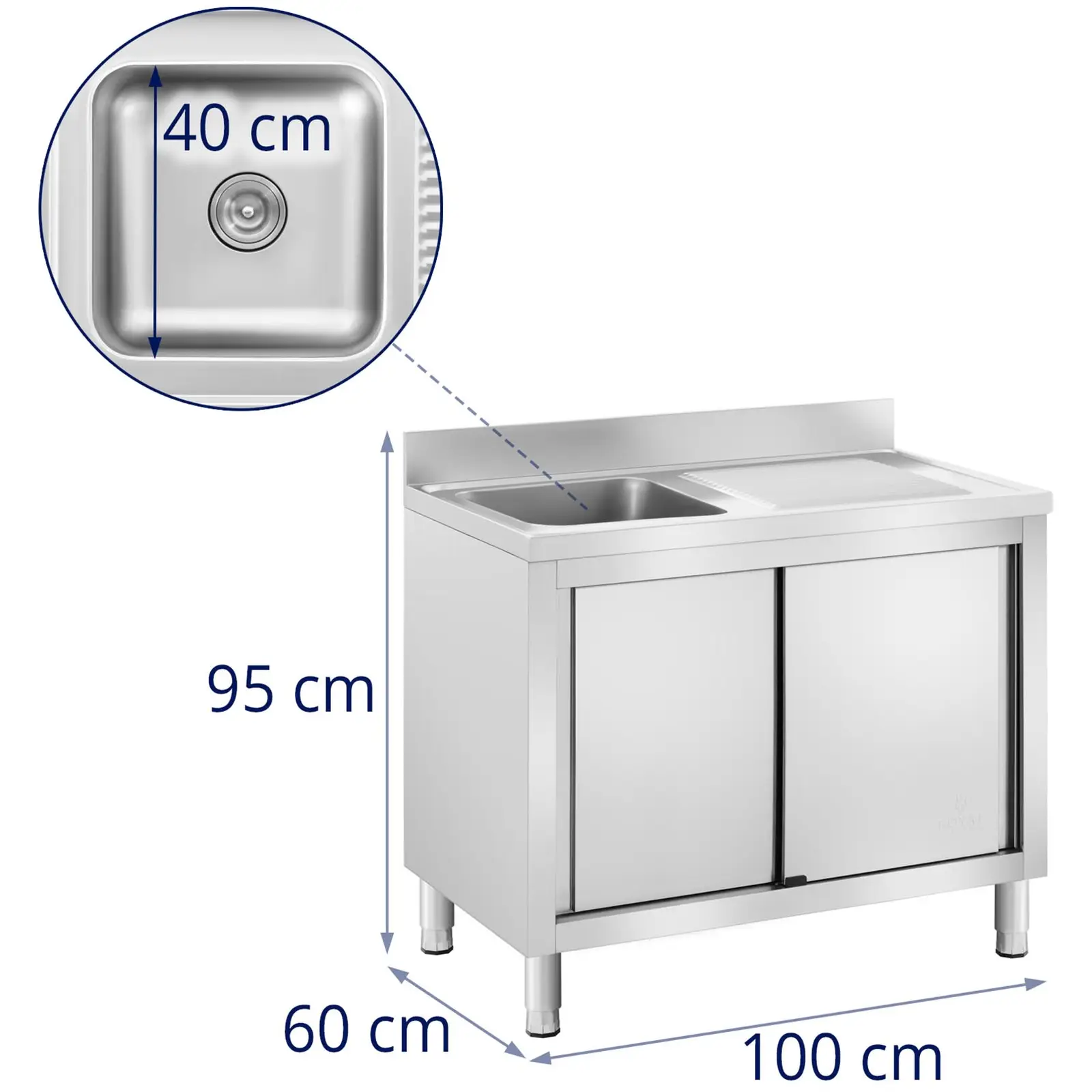 Dřezová skříň - 1 dřez - Royal Catering - ušlechtilá ocel - 400 x 400 x 240 mm (Rozměry mísy [mm]: 400 x 400 x 240)