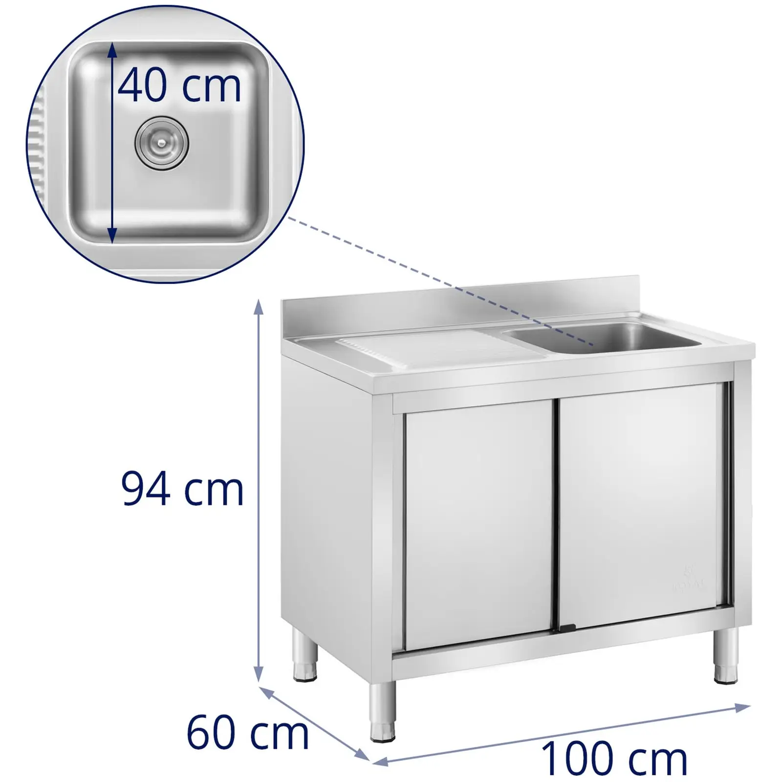 Dřezová skříň - 1 dřez - Royal Catering - ušlechtilá ocel - 400 x 400 x 240 mm (Rozměry mísy [mm]: 400 x 400 x 240)