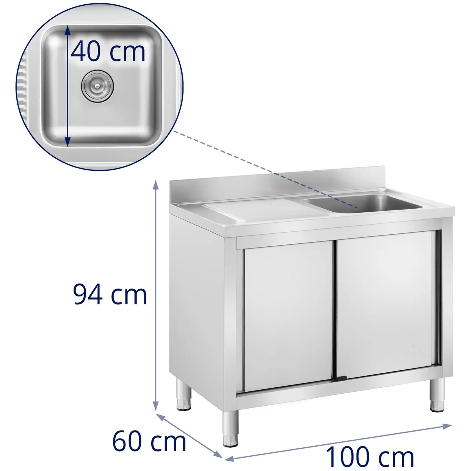 Lavello cucina - Acciaio inox - 1 vasca- Royal Catering - 400 x 400 x 240 mm