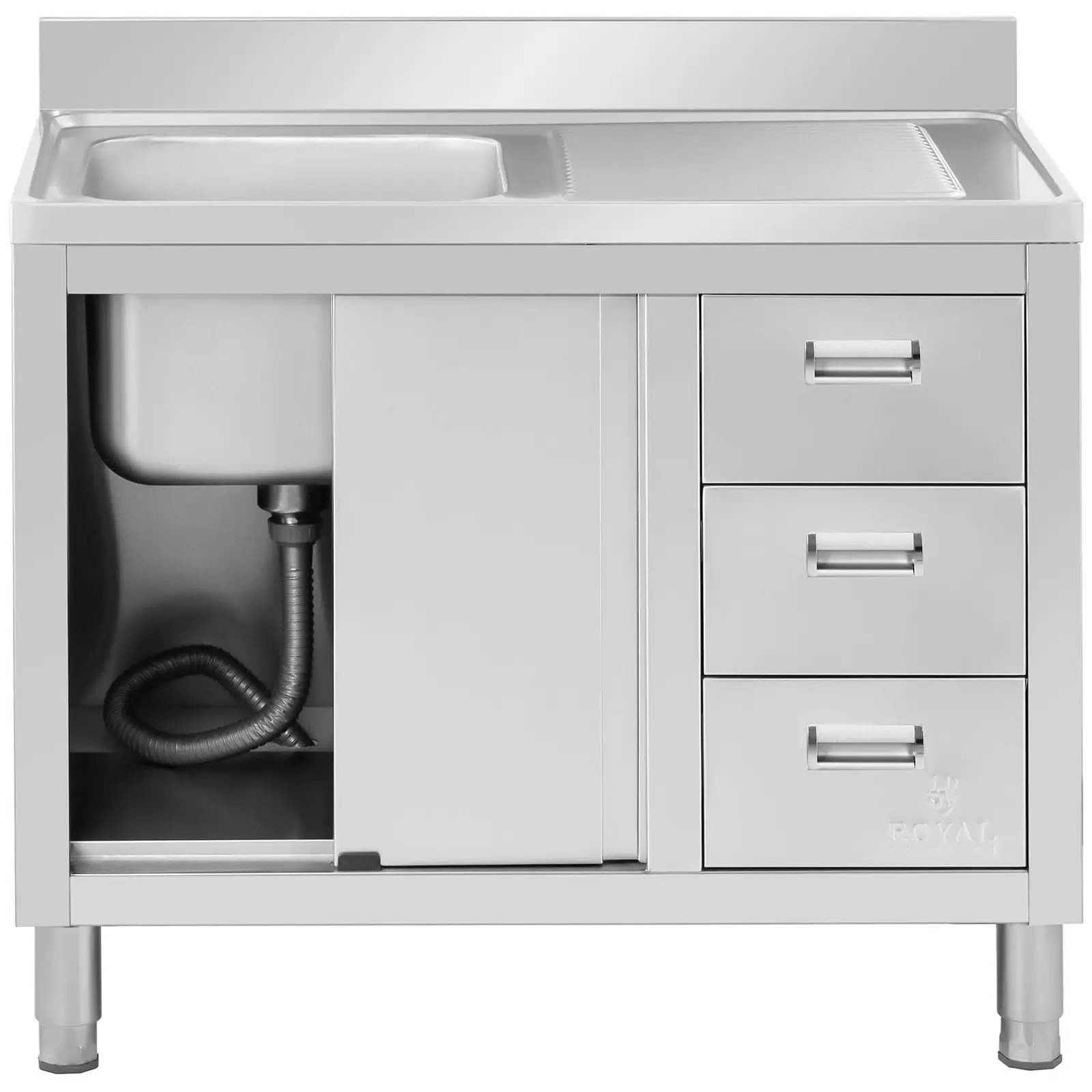 Dřezová skříň - 1 dřez - Royal Catering - Ušlechtilá ocel - 400 x 400 x 300 mm (Barva: Stříbrná)