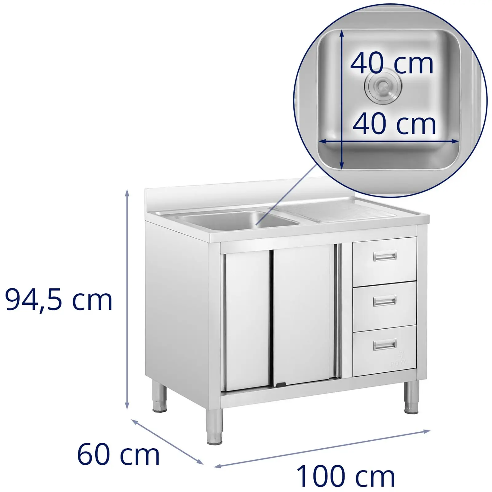 Lavello cucina - Acciaio inox - 1 vasca- Royal Catering - 400 x 400 x 300 mm