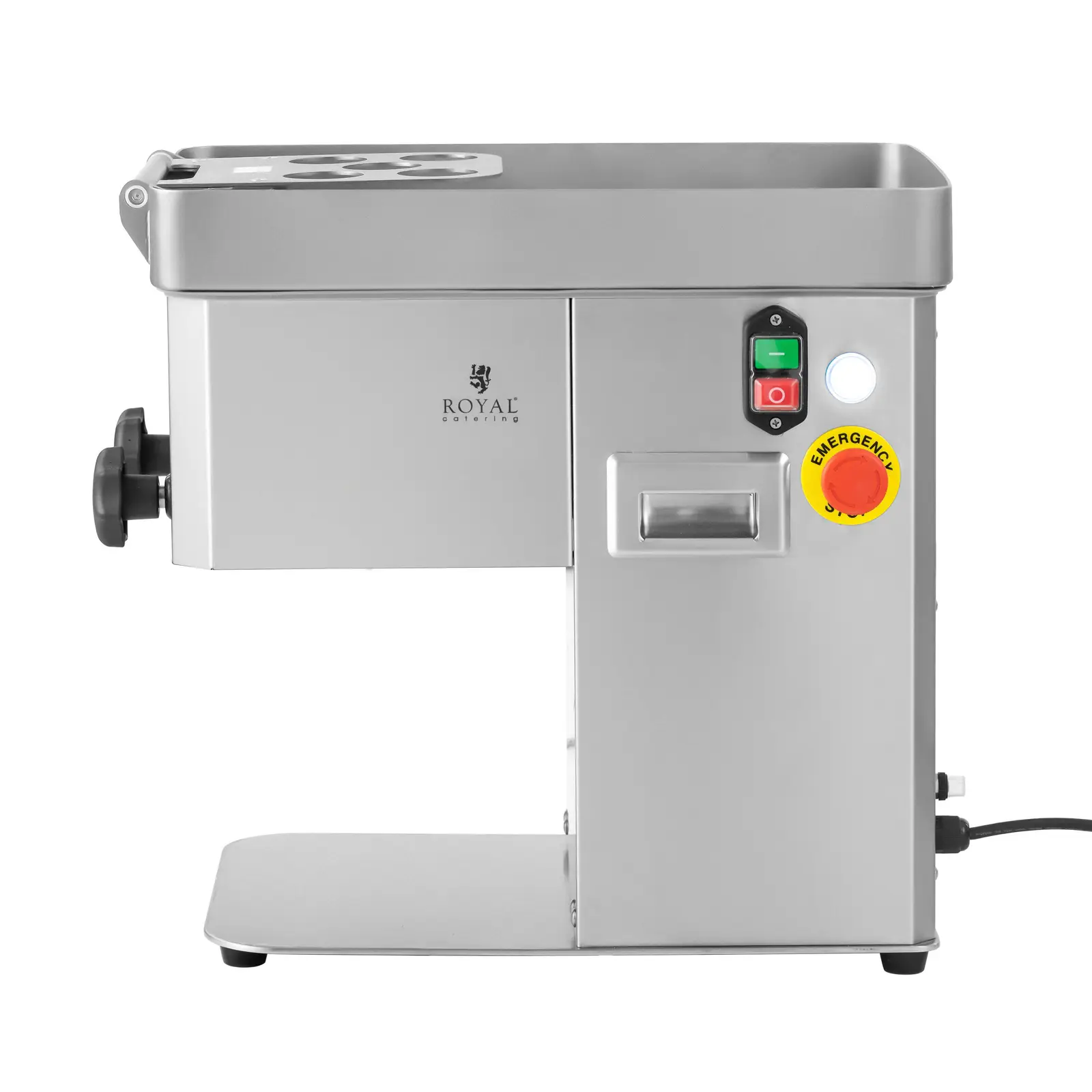 Kráječ na maso - 550 W - tloušťka řezu 3 mm - ušlechtilá ocel - Royal Catering (Barva: Stříbrná)