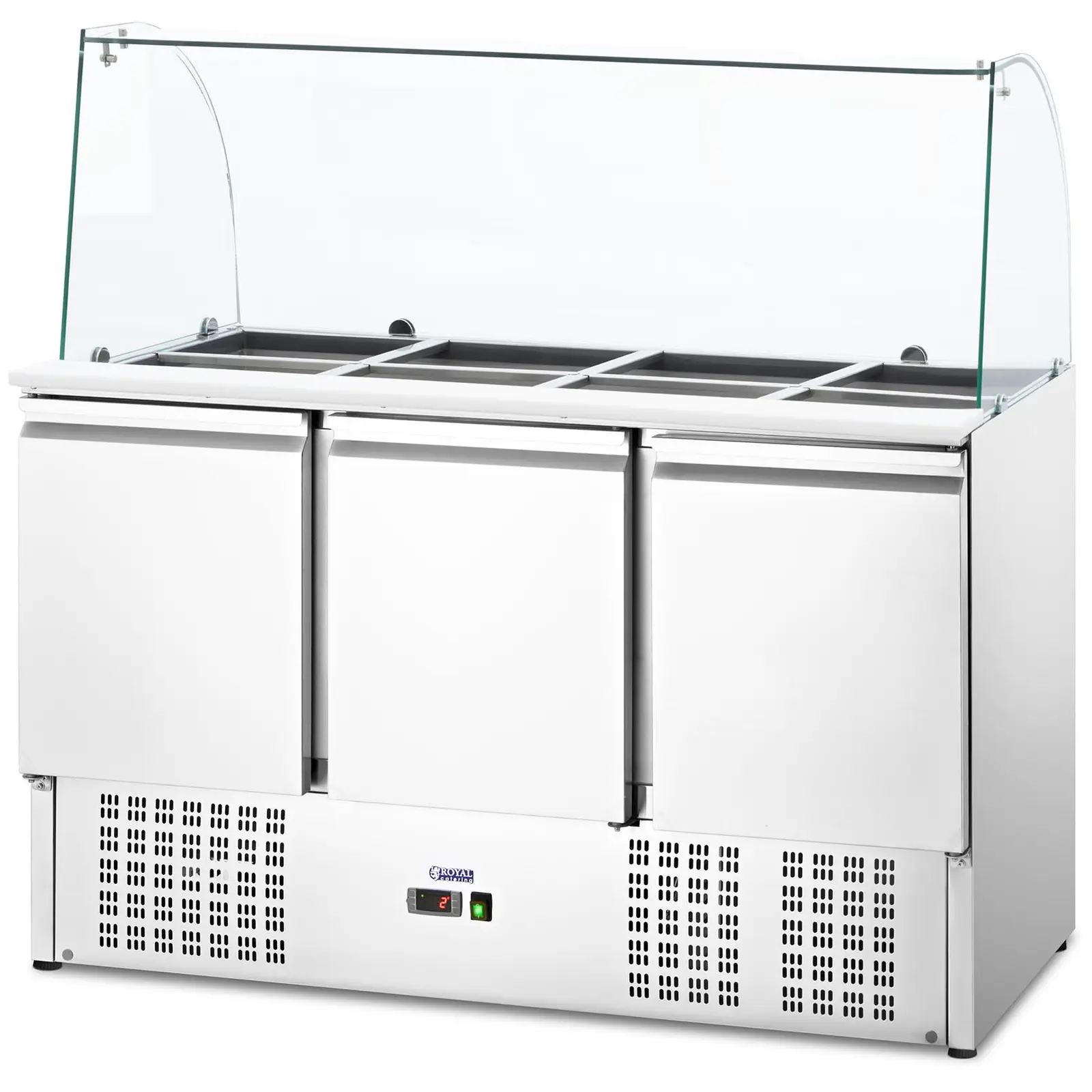 Vetrina refrigerata - Con piano in vetro - Royal Catering - 368 L - Per 8 contenitori GN - 322 x 133.5 cm