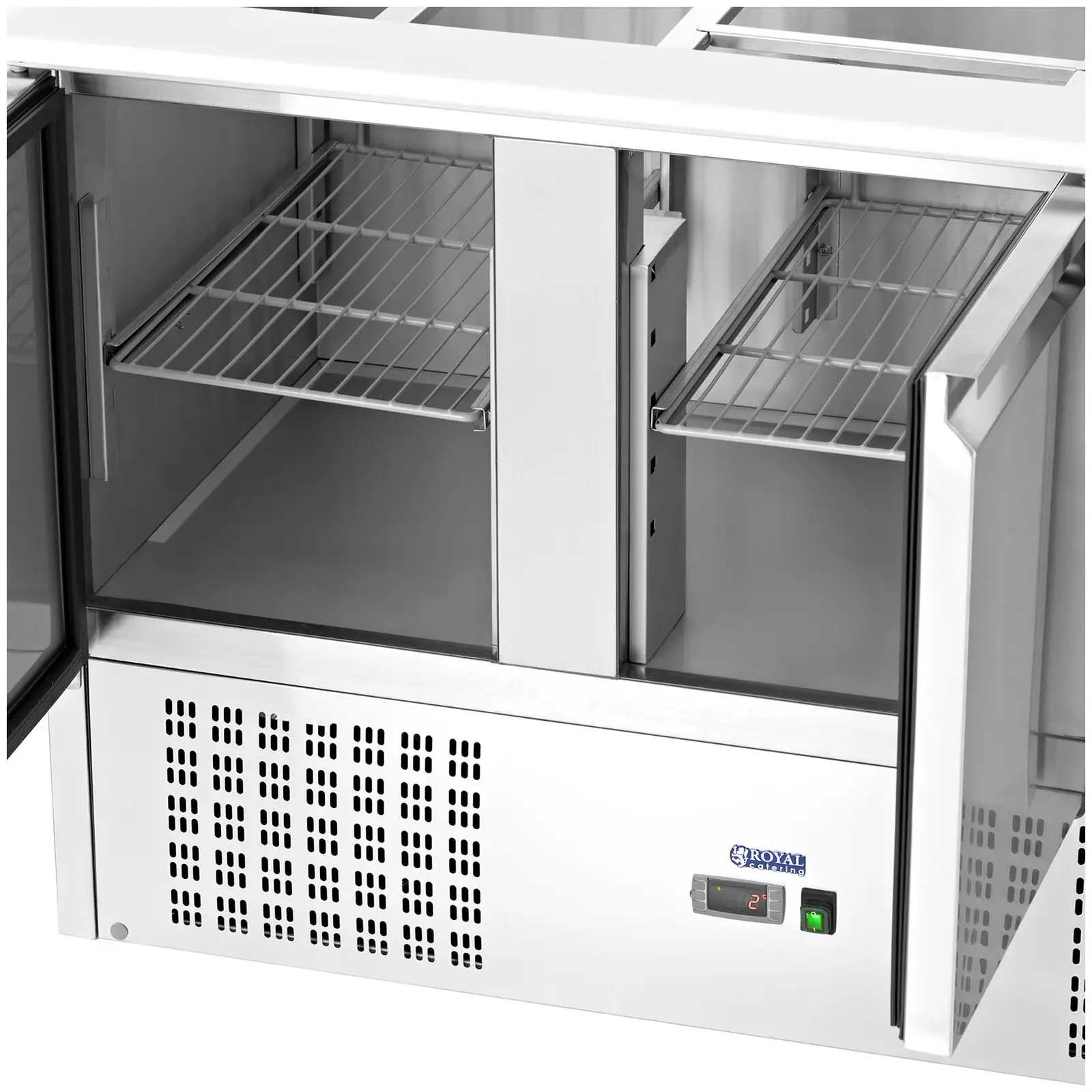 Saladeta - se skleněnou nástavbou- Royal Catering - 368 l - pro 8 GN nádob - 137 x 137 cm (Automatické odmrazování: Ano)