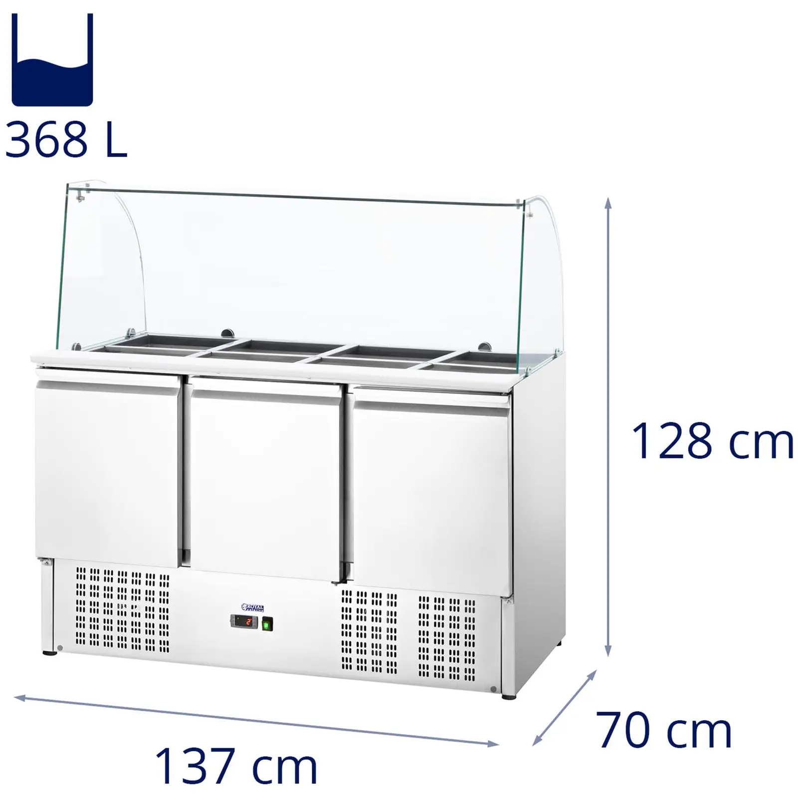 Saladeta - se skleněnou nástavbou- Royal Catering - 368 l - pro 8 GN nádob - 137 x 137 cm (Počet vložek: 3 Pc)