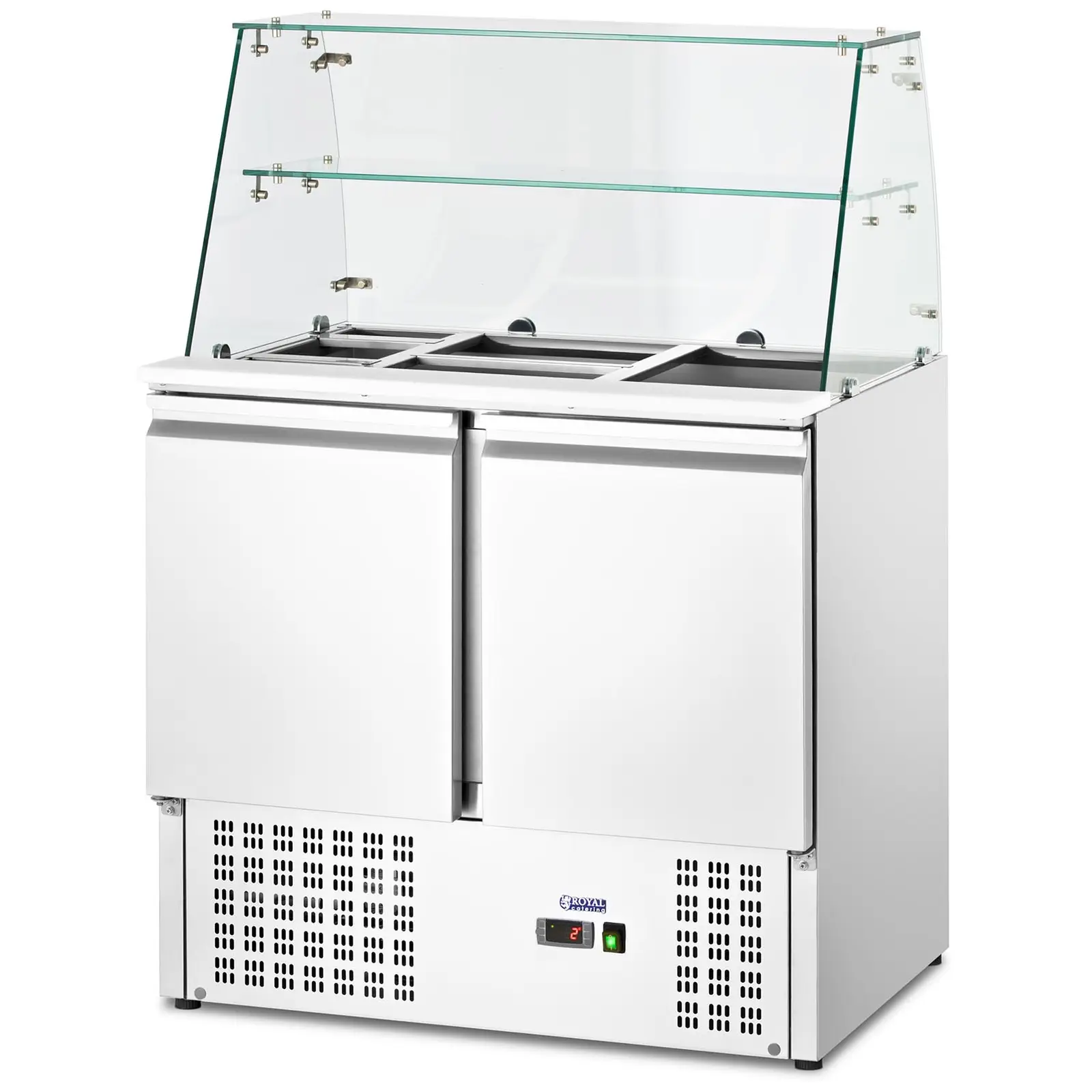 Vetrina refrigerata - Con piano in vetro - Royal Catering - 240 L - Per 7 contenitori GN - 190 x 129 cm