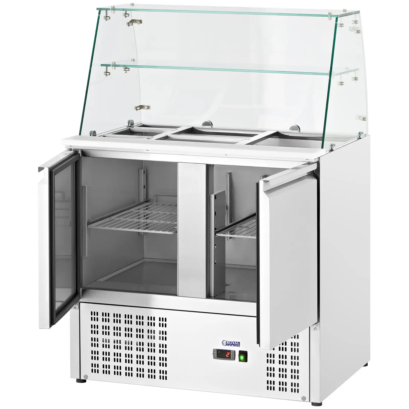 Vetrina refrigerata - Con piano in vetro - Royal Catering - 240 L - Per 7 contenitori GN - 190 x 129 cm