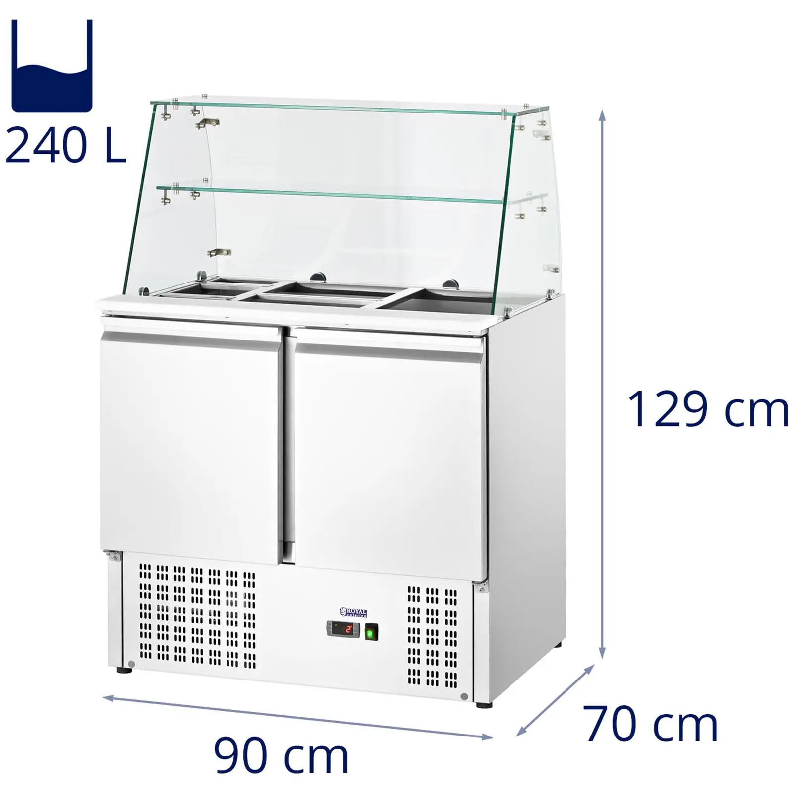 Vetrina refrigerata - Con piano in vetro - Royal Catering - 240 L - Per 7 contenitori GN - 190 x 129 cm