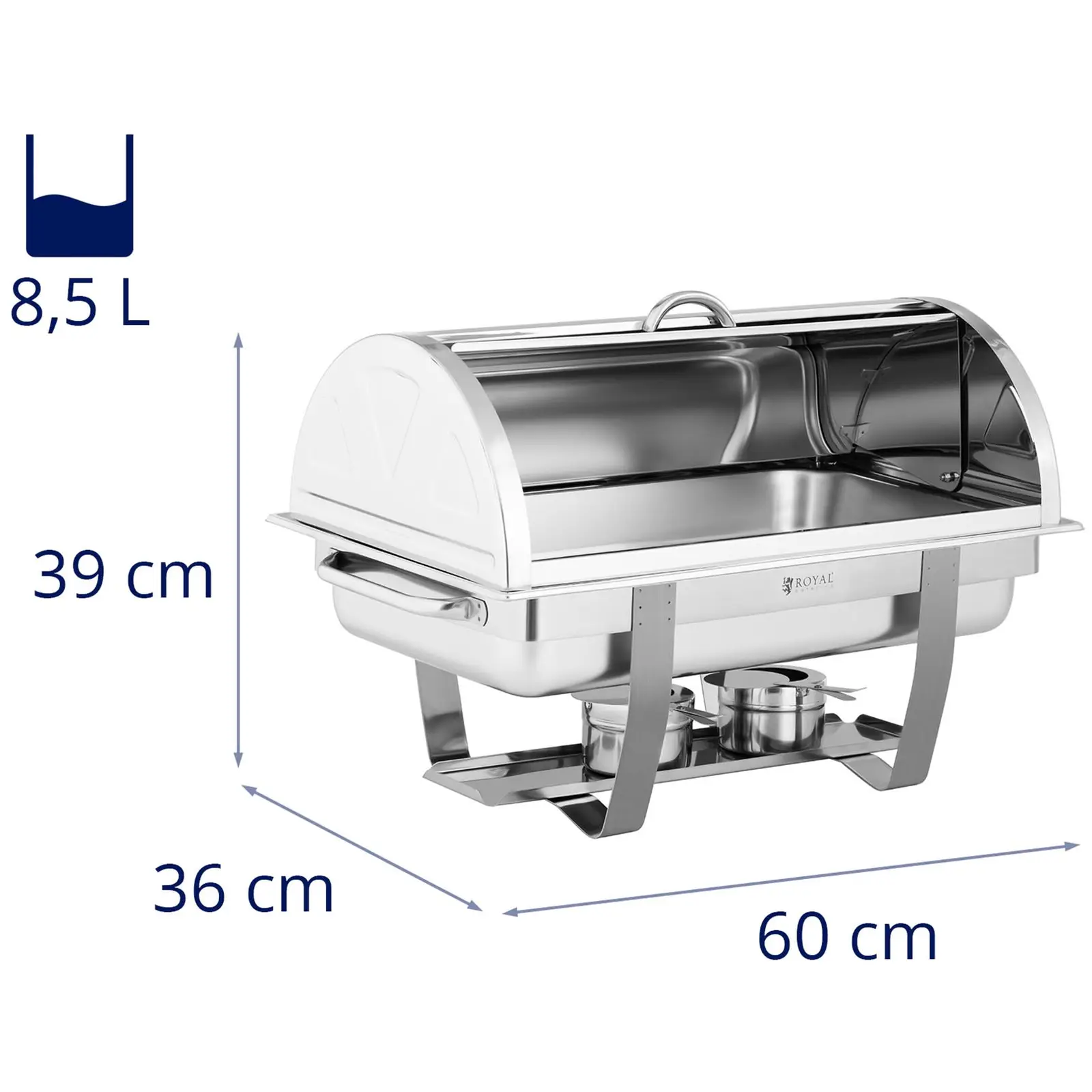 Chafing dish - GN 1/1 - Royal Catering - 8,5 l - 2 x palivový článek - úzký podstavec (Objem nádrže na vodu: 14 l)