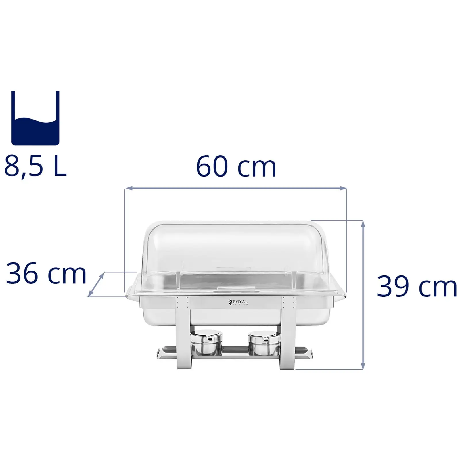 Chafing dish - GN 1/1 - Royal Catering - 8,5 l - úzký stojan (Objem nádrže na vodu: 14 l)