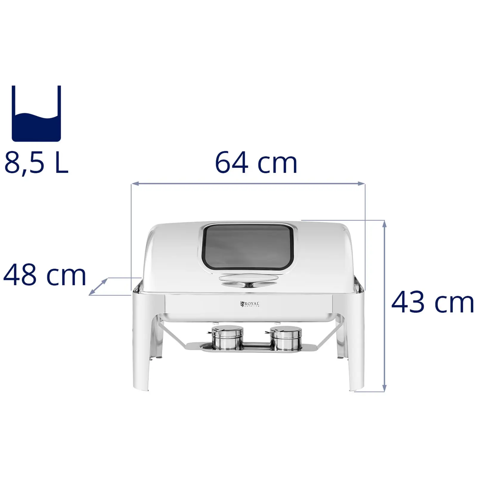 Chafing dish - GN 1/1 - Royal Catering - 8,5 l -  2 x palivový článek - okénko (Objem nádrže na vodu: 14 l)