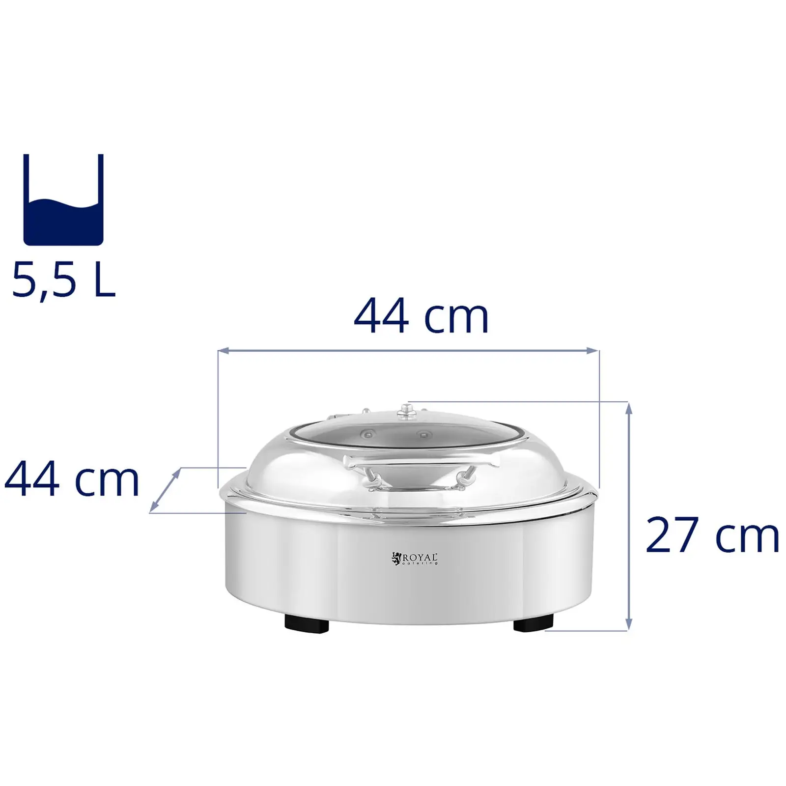 Chafing dish - rund med glaslåg - Royal Catering - 5,5 l (Volumen, vandtank: 8.5 l)