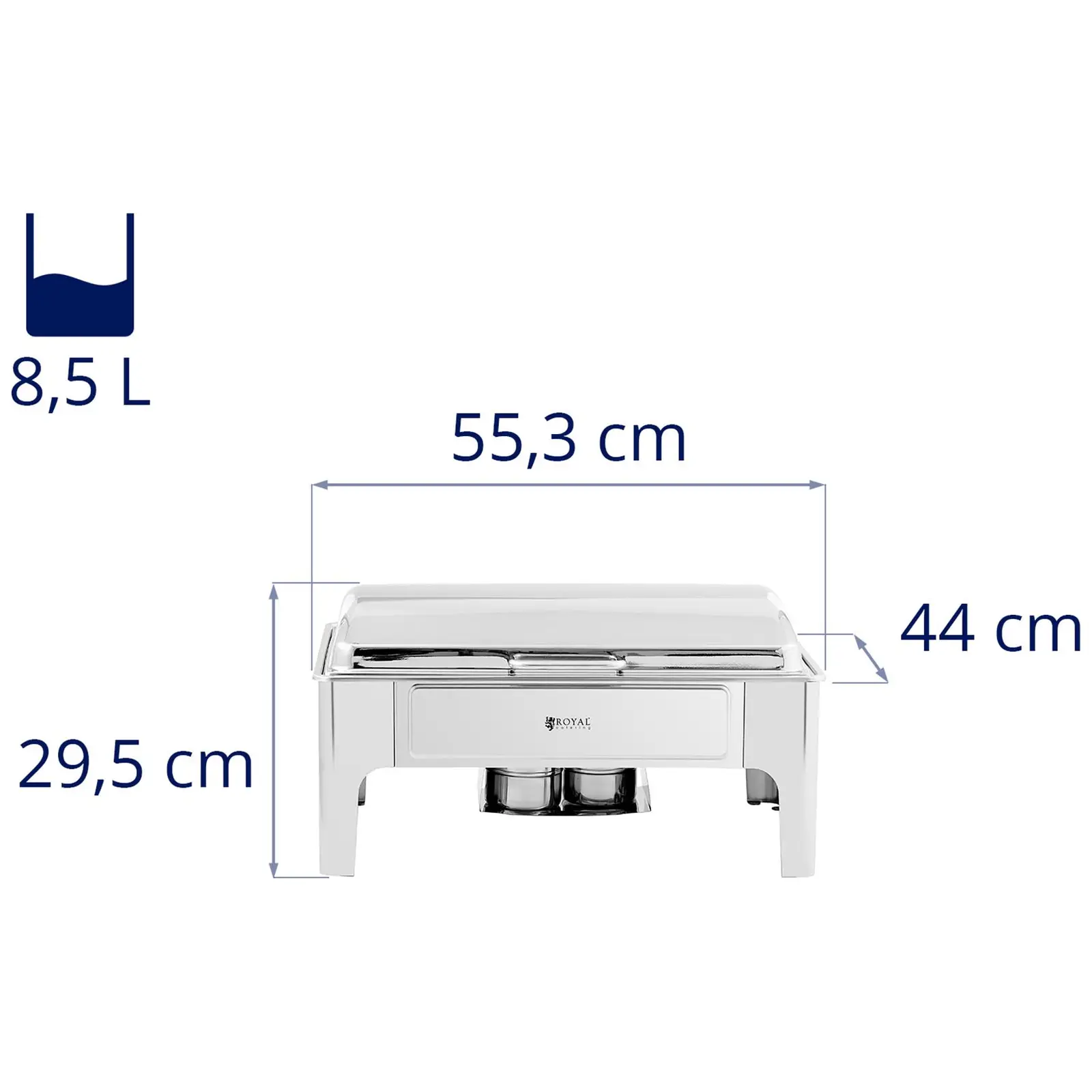 Chafing dish - GN 1/1 - Royal Catering - 8,5 l - 2 x palivový článek - polkulatý (Objem nádrže na vodu: 14 l)