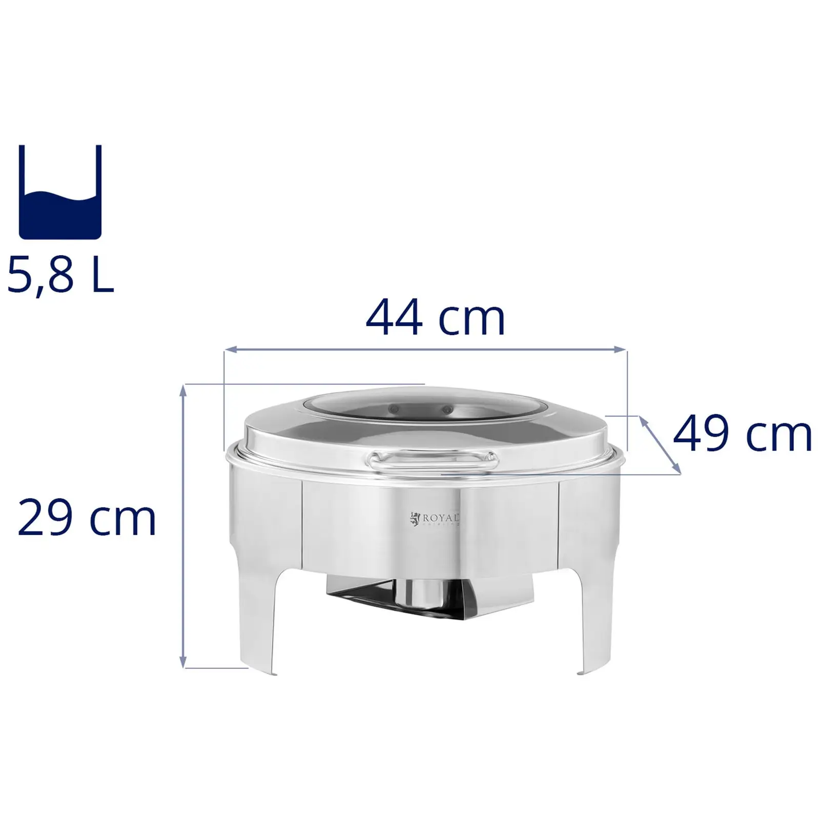 Chafing dish – kulatý – Royal Catering – 5,8 l – 1 palivový článek – okénko (Objem nádrže na vodu: 7.7 l)
