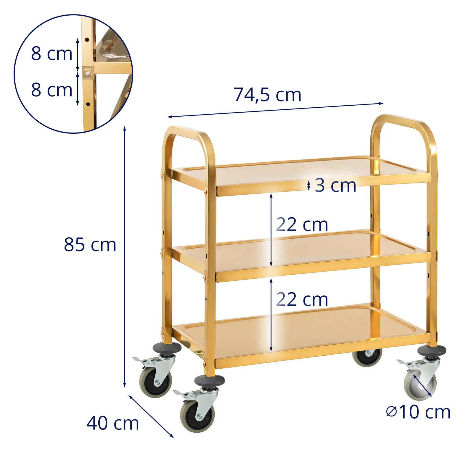Servierwagen - Edelstahl - 3 Borde - Ablagen: 69 x 40 cm - 300 kg - Anivibrationsmatten - golden - Royal Catering (Ladung max.: 300 kg)