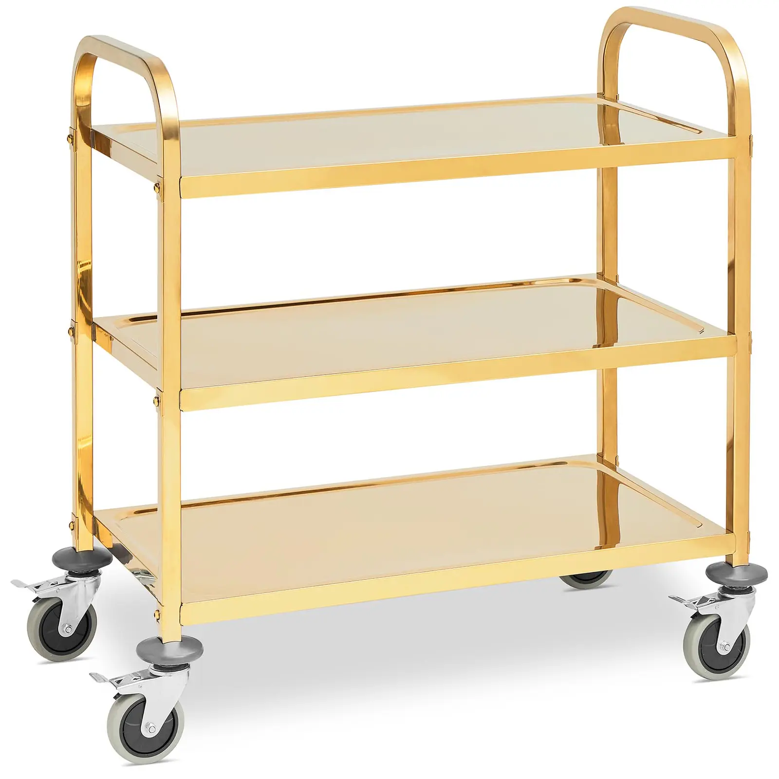 Servierwagen - Edelstahl - 3 Borde - Ablagen: 80 x 45 cm - 300 kg - Anivibrationsmatten - golden - Royal Catering