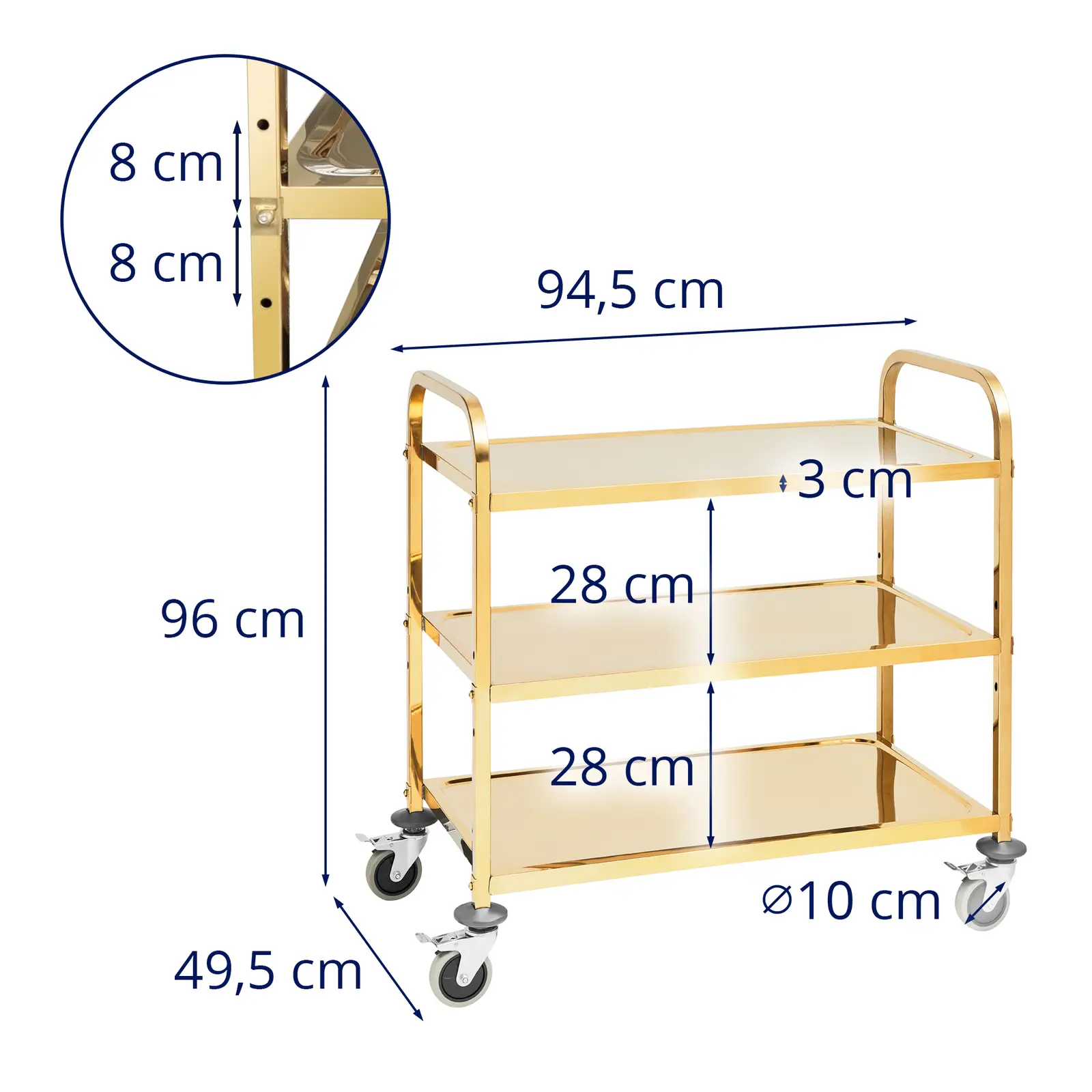 Charriot de service - 3 plateaux - Royal Catering - 300 kg max. - Plateaux : 89,5 x 49,5 cm (Espacement étagères: 280 mm)