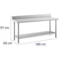 Pracovný stôl z nehrdzavejúcej ocele - 180 x 60 cm - lem - nosnosť 182 kg