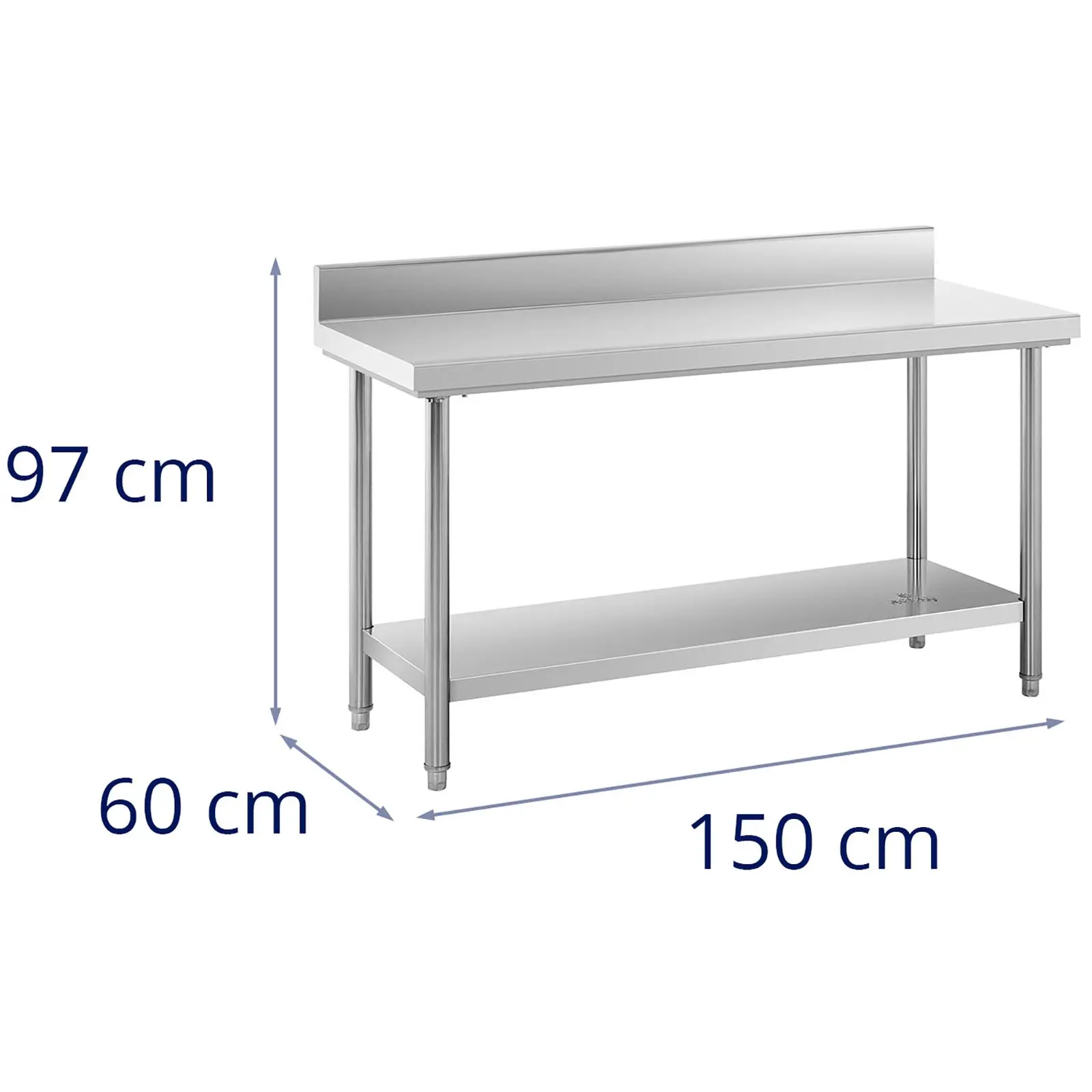 Stainless Steel Work Table - 150 x 60 cm - upstand - 159 kg capacity - Royal Catering