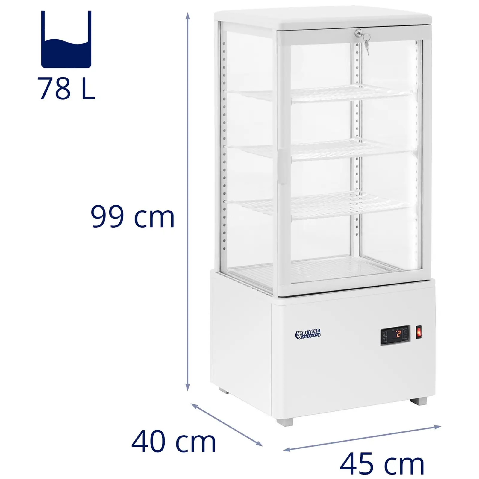 Chladicí vitrína - 78 l - Royal Catering - 4 úrovně - bílá - uzamykatelná (Napětí [V]: 230)