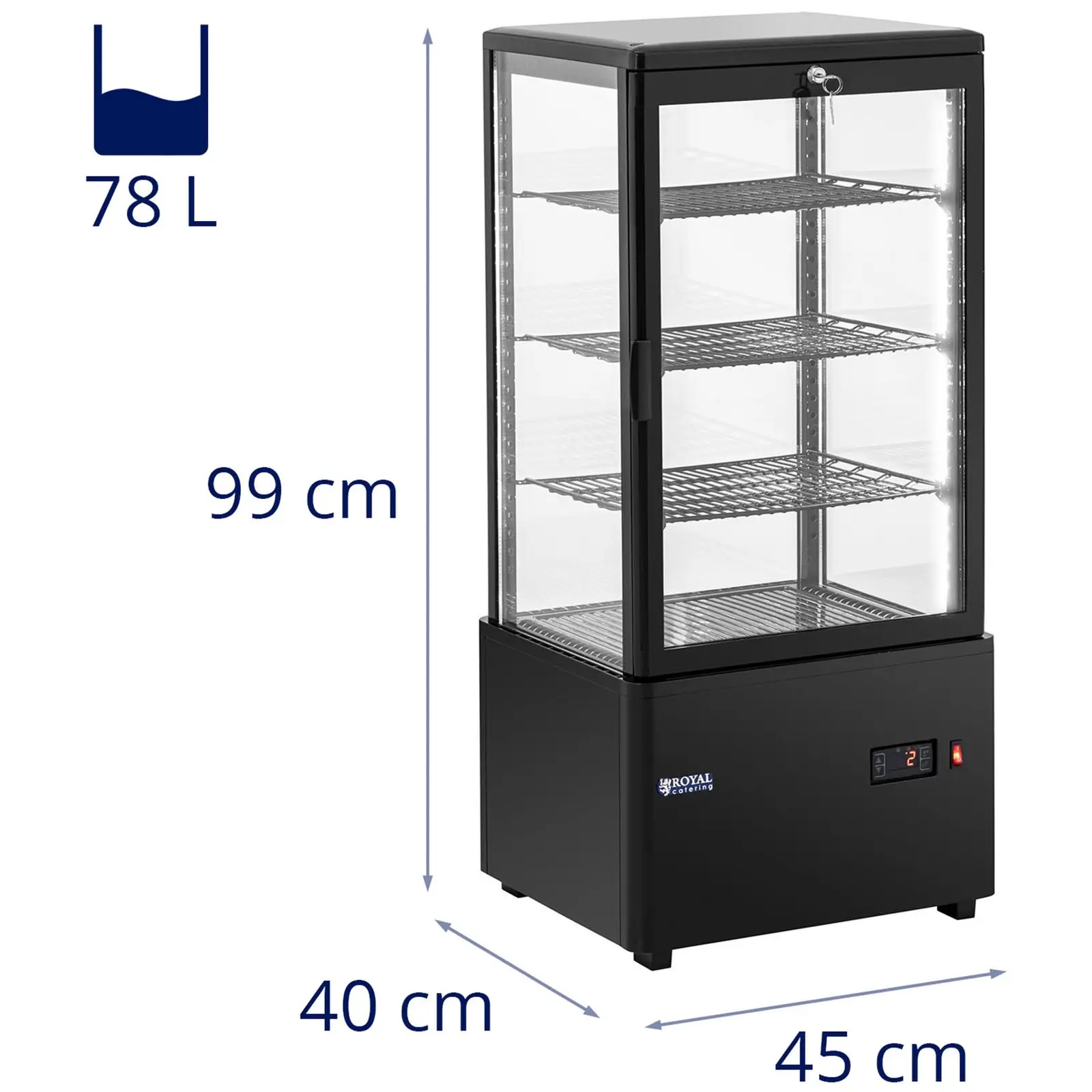Chladicí vitrína - 78 l - Royal Catering - 4 úrovně - černá - uzamykatelná (Výkon [W]: 210)